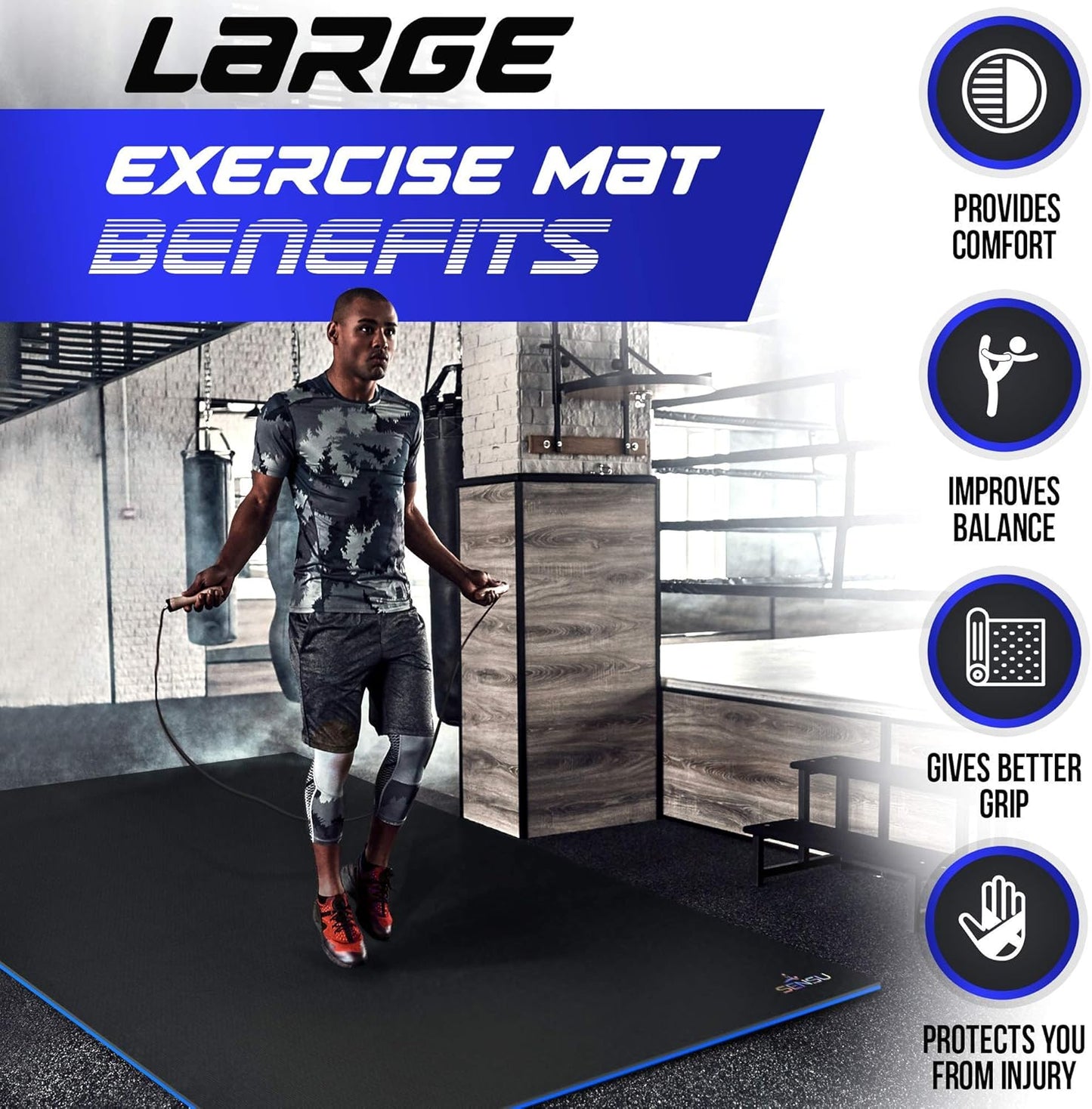 Sensu Large Exercise Mat – 6' x 4' x 8.5mm Extra Thick – Durable and Shoe-Friendly Workout Mat for Home Gym – Non-Slip Fitness Mat for Strength Training, Stretching, Cardio, and Balance Exercises