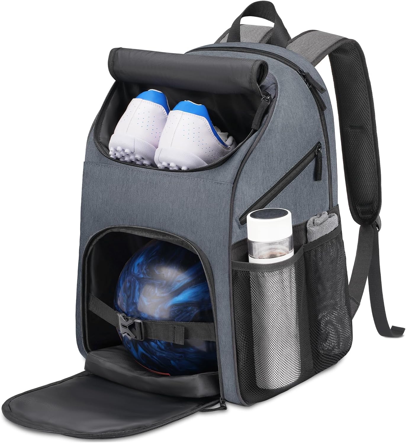 Bosynoy Bowling Backpack, Bowling Ball Bag Totes for Single Ball with Shoe Compartment & Foam Padded, Fits Shoes Up to US Mens Size 16, Grey