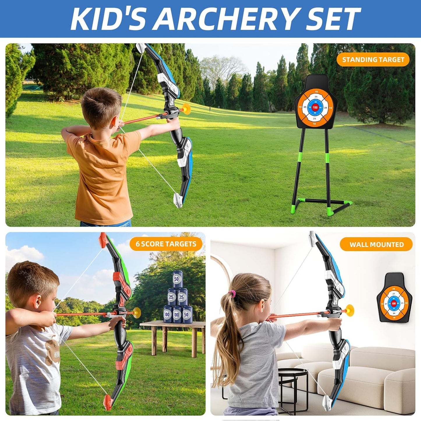 2 Pack Kids Bow and Arrow Set, LED Light Up Archery Toy Set with 30 Suction Cup Arrows, Standing Target, Quiver & 6 Score Targets, Bow and Arrows Set Toys Gift for 3-12 Year Old Kids Boys