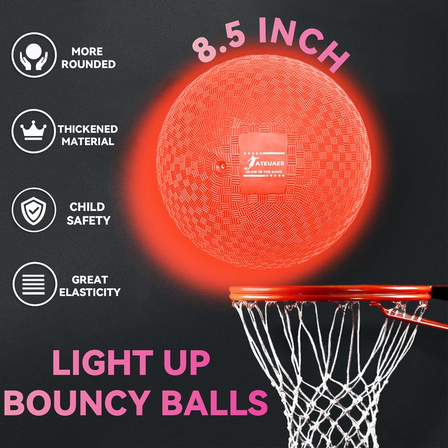 8.5 Inch Light up Kickball Set, Dodgeballs 2 Pack, Playground Balls Gift for Kids, Glow Bouncy Balls Includes Pump and Storage Bag, Handball for Night, Glow in The Dark Party Supplies