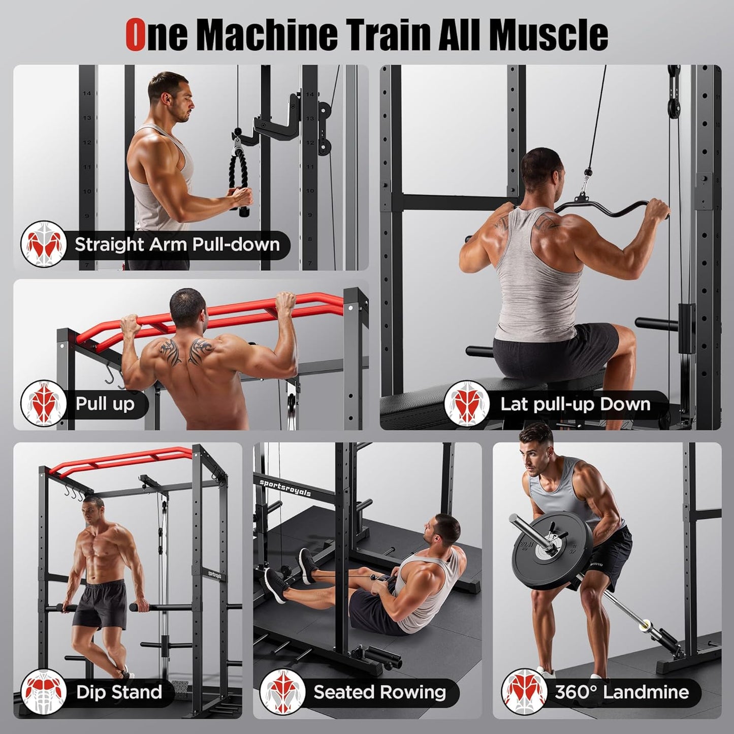 Sportsroyals Power Cage,1600lbs Multi-Function Power Rack with Adjustable Cable Crossover System and More Training Attachment, Weight Cage for Home Gym