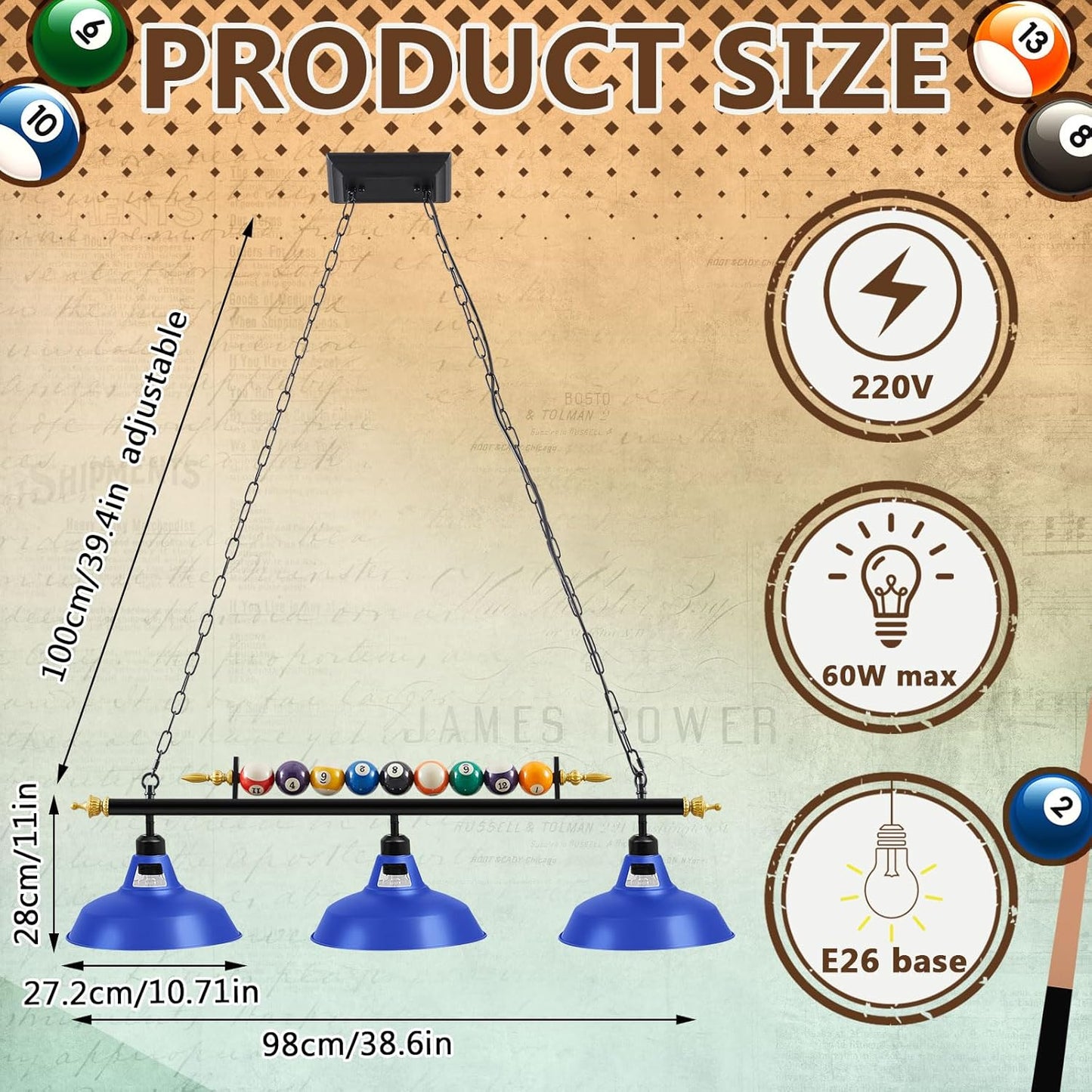 3 Lights Adjustable Pool Table Lights for 7'-8' Billiard Light Hanging Pool Table Light Fixture Lighting Pendant Lamp with Metal Shades for Game Rooms, Bulb Not Included (Royal Blue)