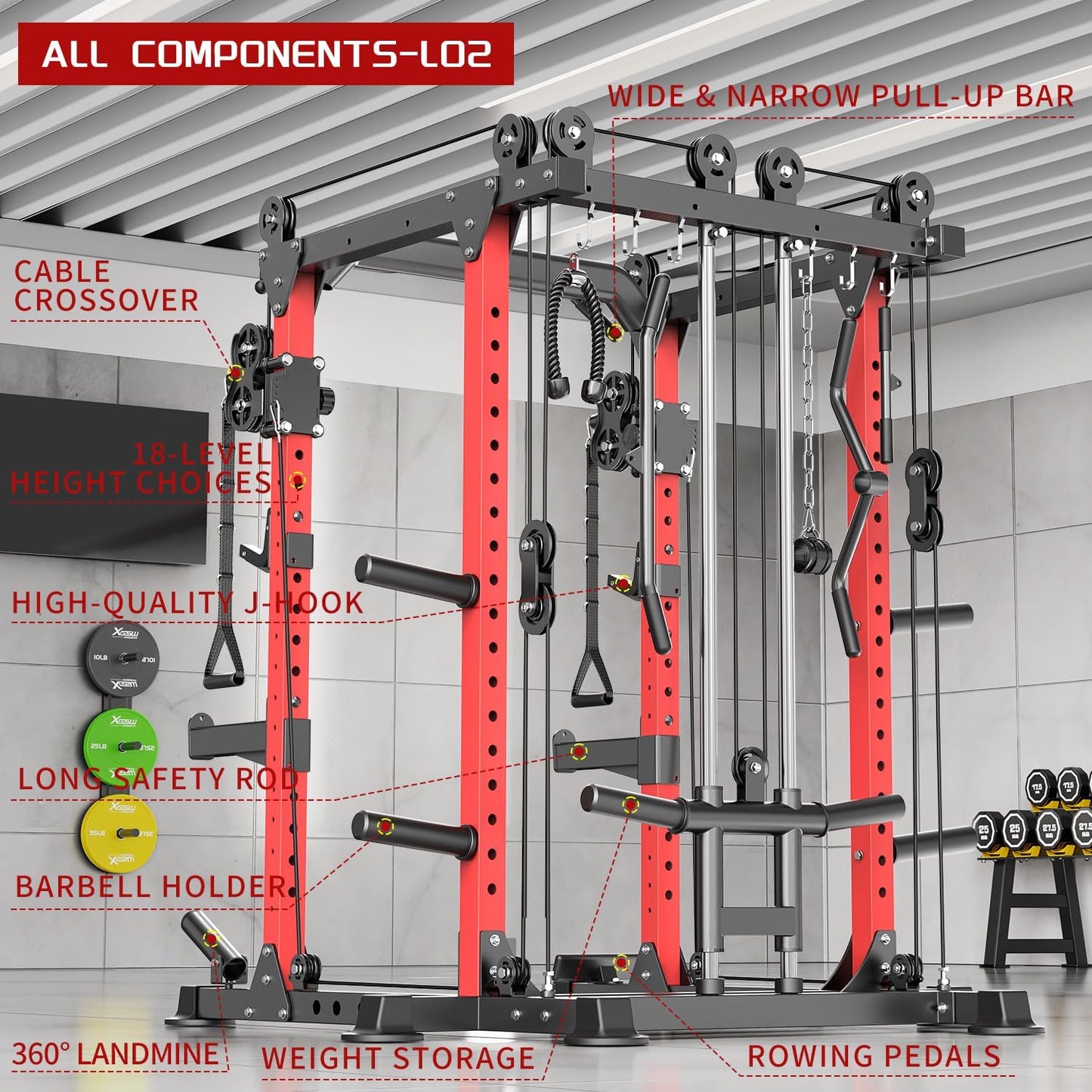 Power Cage,1600lbs Multi-Function Power Rack with Adjustable Cable Crossover System and More Training Attachment, Weight Cage for Home Gym