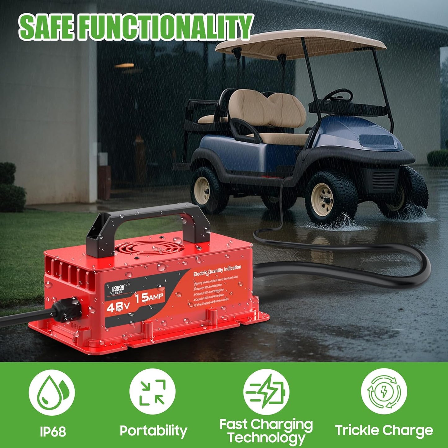 10L0L Club-Car-DS Charger 48V 15A 3-Pin Round Plug Golf Cart Rapid Charger - IP68 Waterproof, Auto Shut-Off, Smart Cooling, Aluminum Housing, Charging Indicator (Red)
