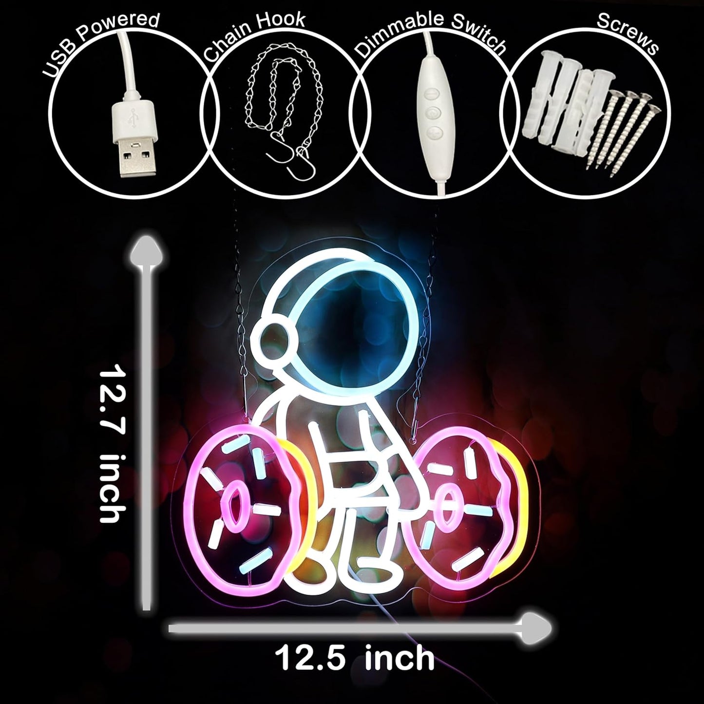 Astronaut Lifting Donut Neon Sign Astronaut Donut Neon Light Astronaut Light Sign Dimmable Bakery LED Neon Light for Club Decor Man Cave Game Room Bar Pub 12.5"×12.7"