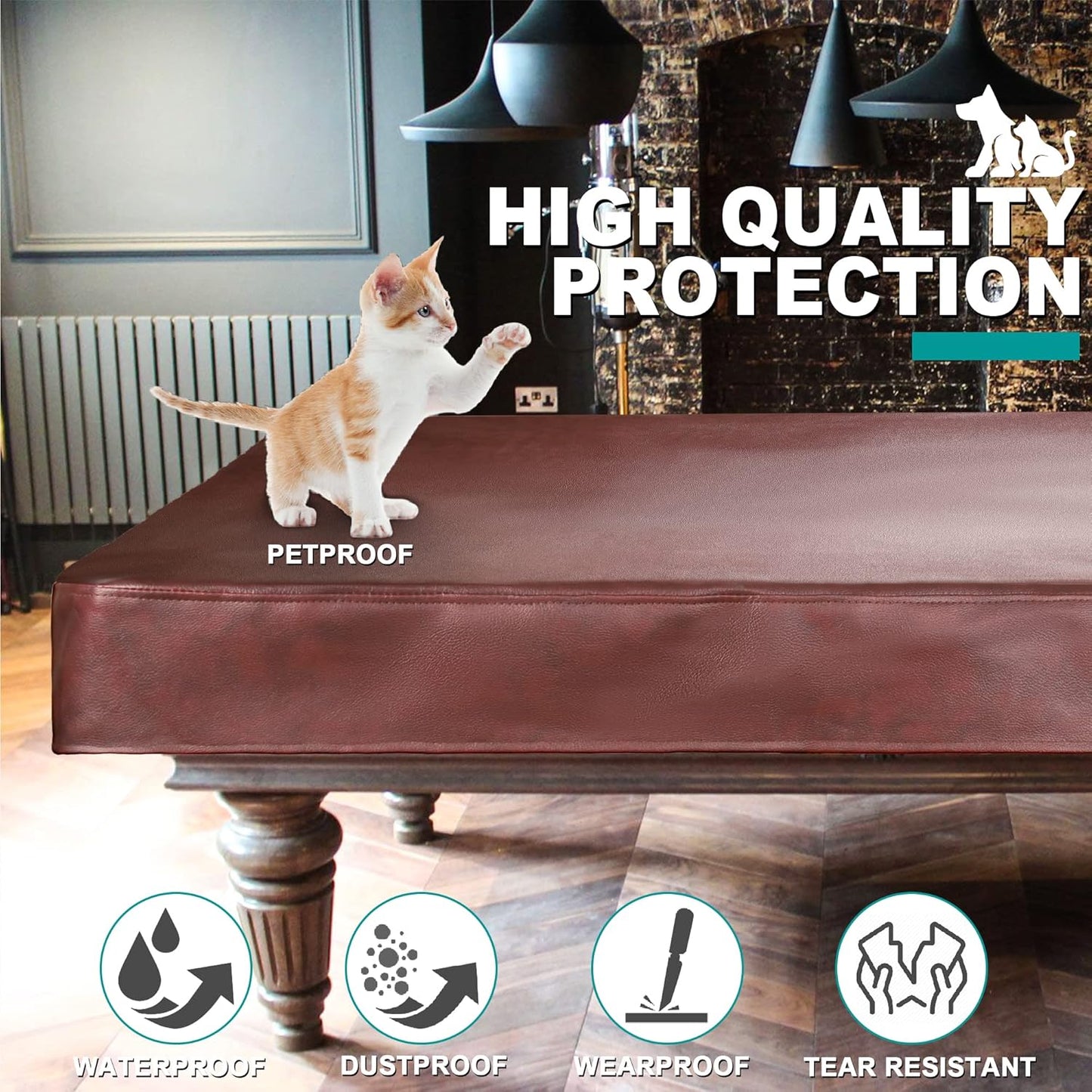 Pool Table Cover,Heavy Duty Leatherette Billiard Pool Table Covers,Waterproof&Tearproof Cover for Pool Table,7/8/9 Foot Fitted(8FT/Brown)