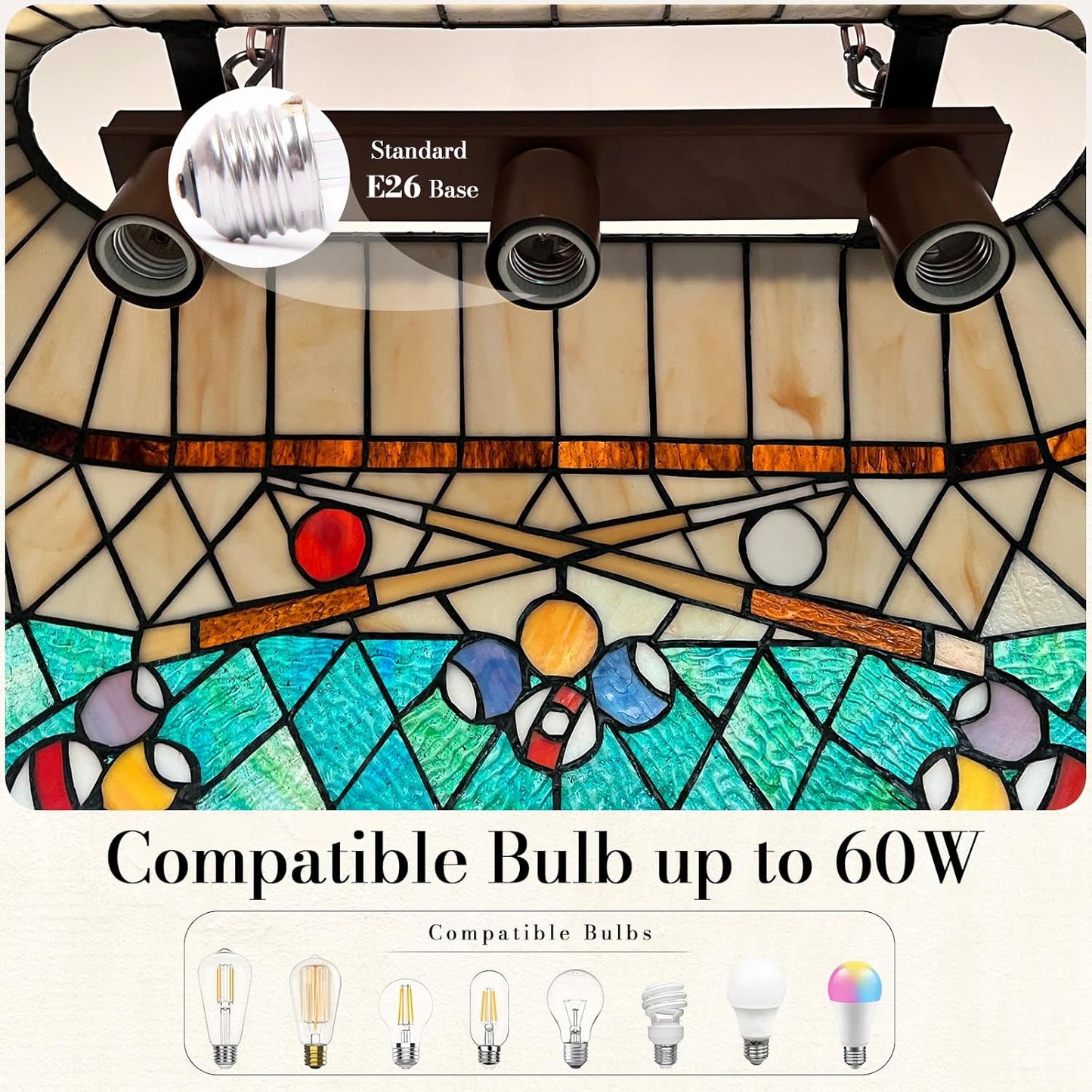 Capulina Tiffany Pool Table Light Pendant Light Fixture 3 Light Amber Green Style Stained Glass Chandelier for Billiard Room Kitchen Island Dining Room