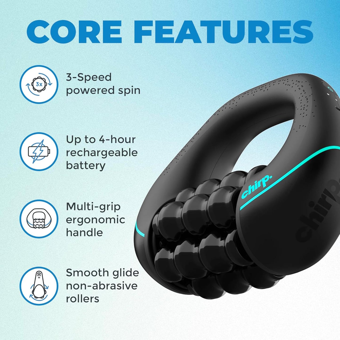 Chirp RPM Mini - Rolling Percussive Massager, Percussive Therapy, Whole Body Relief, Deep Tissue and Muscle Recovery, Percussion Massage, Rechargeable, Hands-Free Base, Powerful, 3-Speed Spin