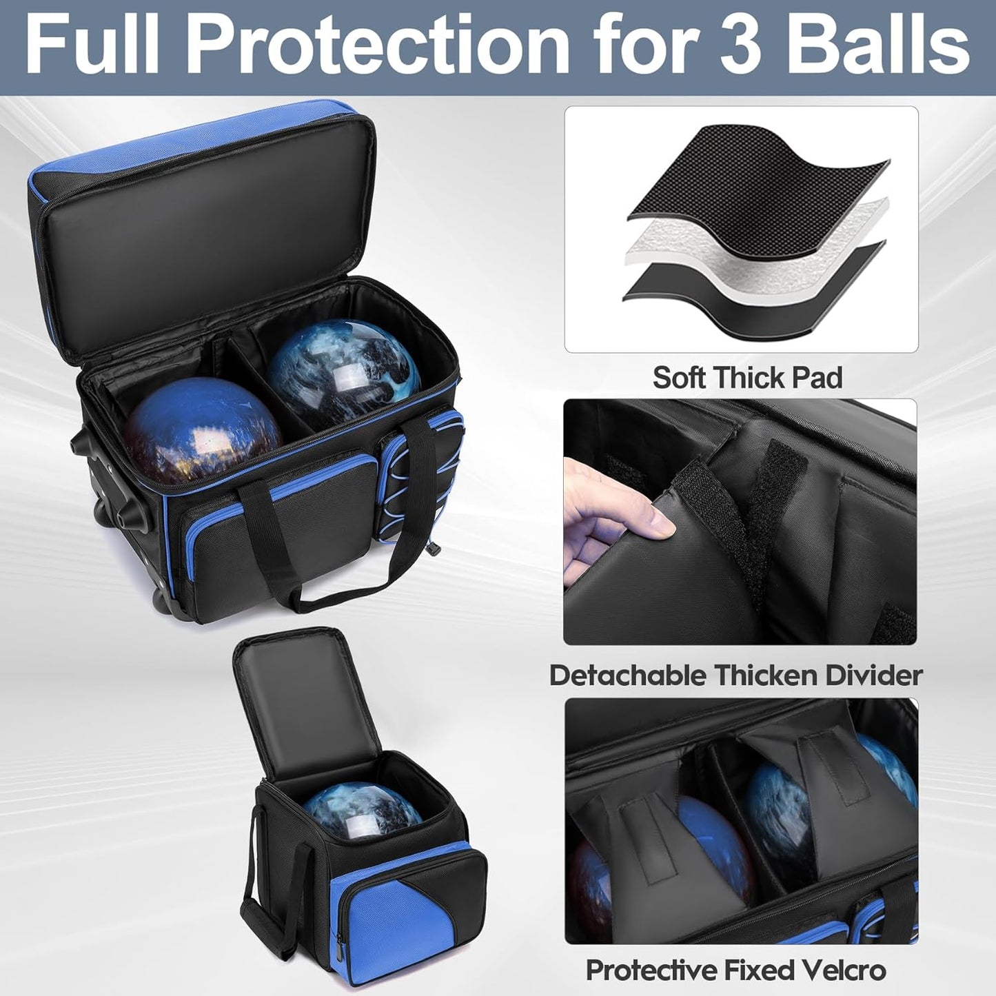 3 Ball Bowling Bag with Wheels, Bowling Bag 3 Ball Roller with Separate Shoe Compartment and Accessory Pocket, 2 Ball Roller Bag Plus Single Ball Tote