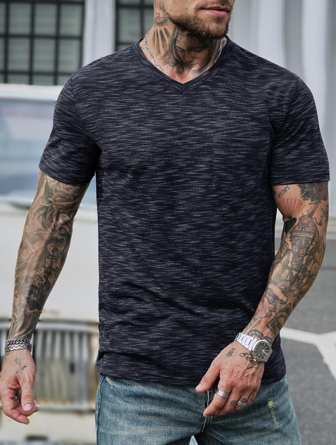 Men's V Neck T Shirts Casual Stylish Fitted Stretch Tee Shirt with Pocket (S-3XL)