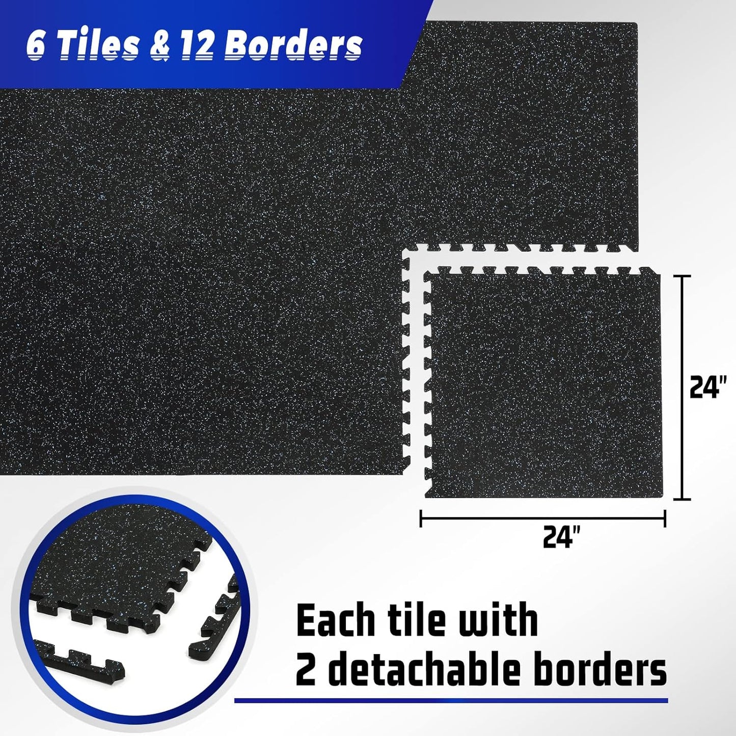 SUPERJARE 0.56'' Thick 6 Pcs 24 Sq Ft Rubber Top Exercise Equipment Mats, High Density EVA Foam Mats with Rubber Top, Interlocking Gym Flooring for Home Gym, Protective Workout Mat, Black/Blue