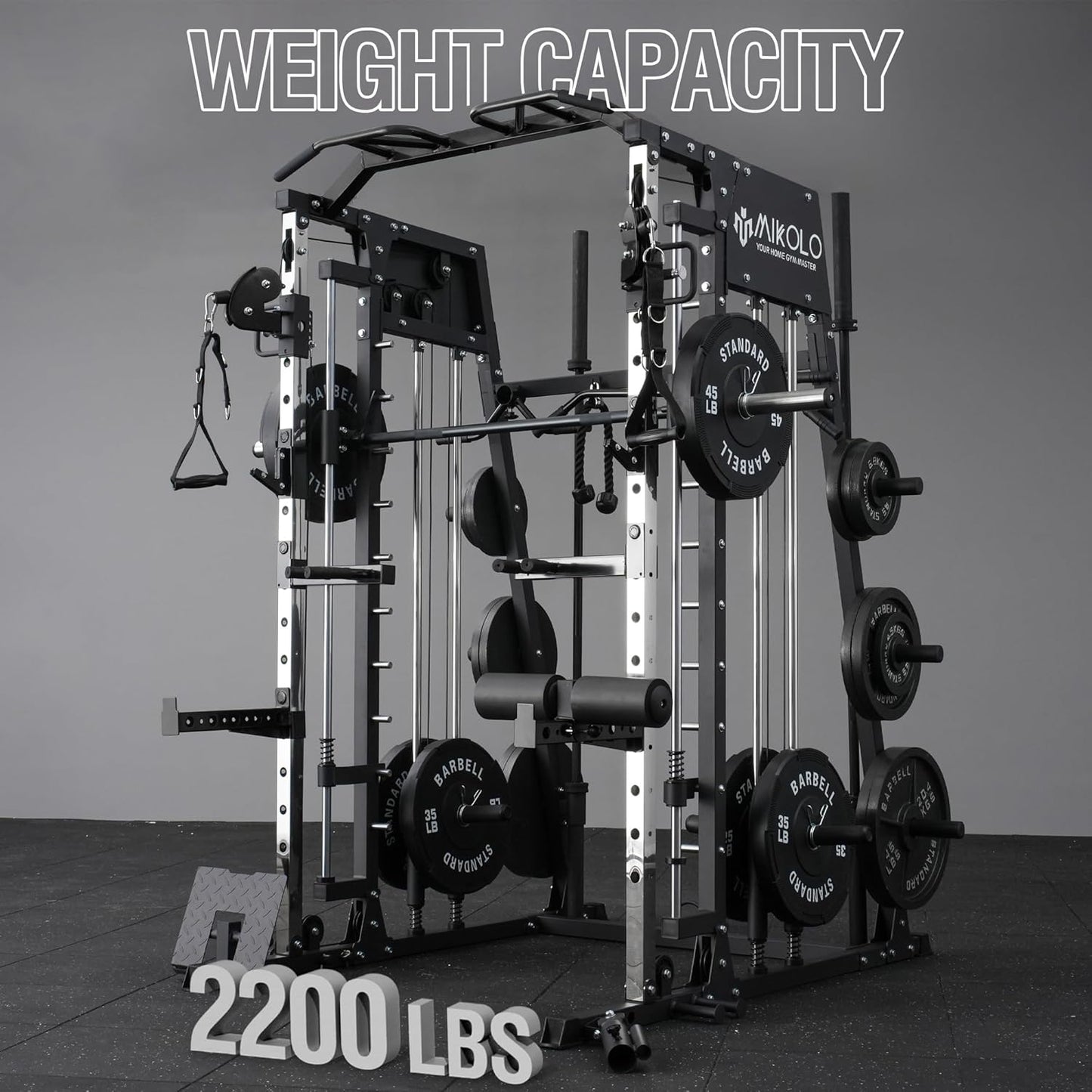 Mikolo Smith Machine, 2200lbs Squat Rack with LAT-Pull Down System & Cable Crossover Machine, Training Equipment with Leg Hold-Down Attachment