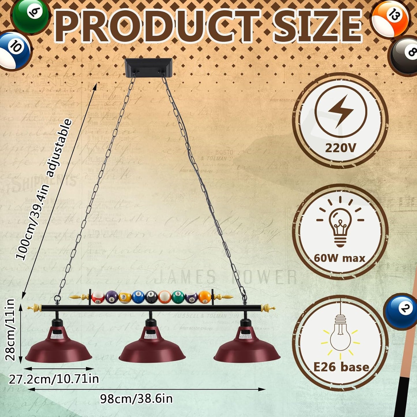 3 Lights Adjustable Pool Table Lights for 7'-8' Billiard Light Hanging Pool Table Light Fixture Lighting Pendant Lamp with Metal Shades for Game Rooms, Bulb Not Included(Burgundy Red)