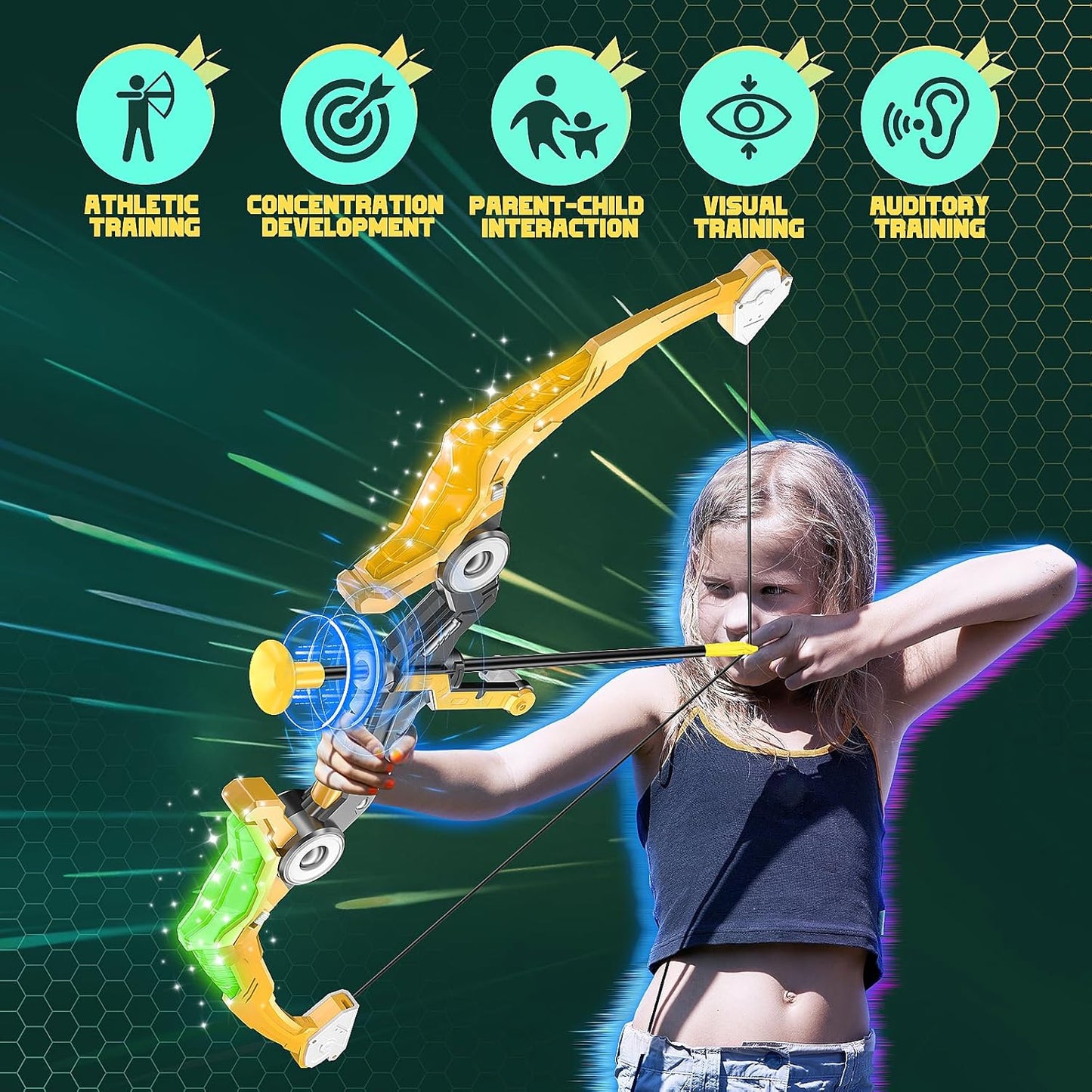 2 Pack Upgraded Kids Bow and Arrow Sets with Sound Effects&Color-Changing LED Flash Lights, Achery set for 4 5 6 7 8 9 10 11 12 Year Old, Indoor Outdoor Toys for Ages 5-7 8-13 Boys Girls(Green&gold)