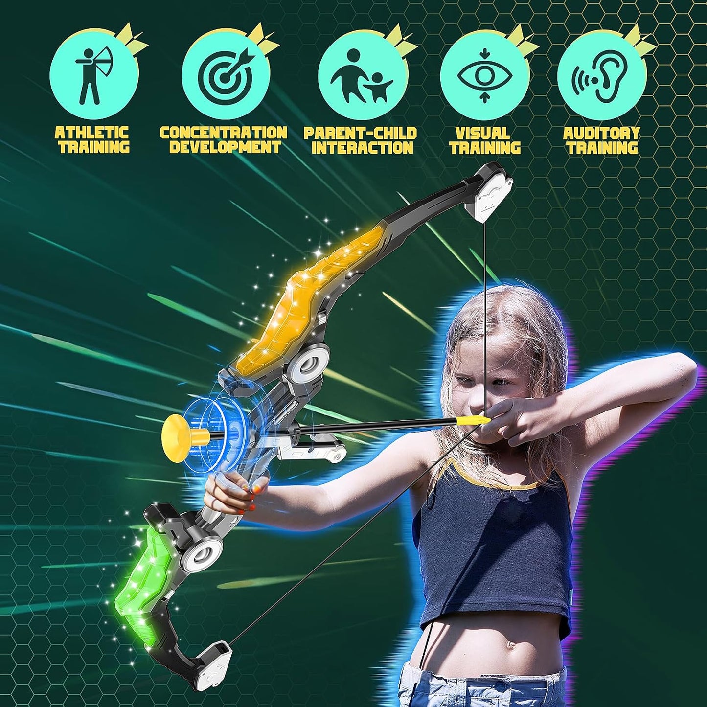 2 Pack Upgraded Kids Bow and Arrow Sets with Sound Effects&Color-Changing LED Flash Lights, Achery set for 4 5 6 7 8 9 10 11 12 Year Old, Indoor Outdoor Toys for Ages 5-7 8-13 Boys Girls(Blue&black)