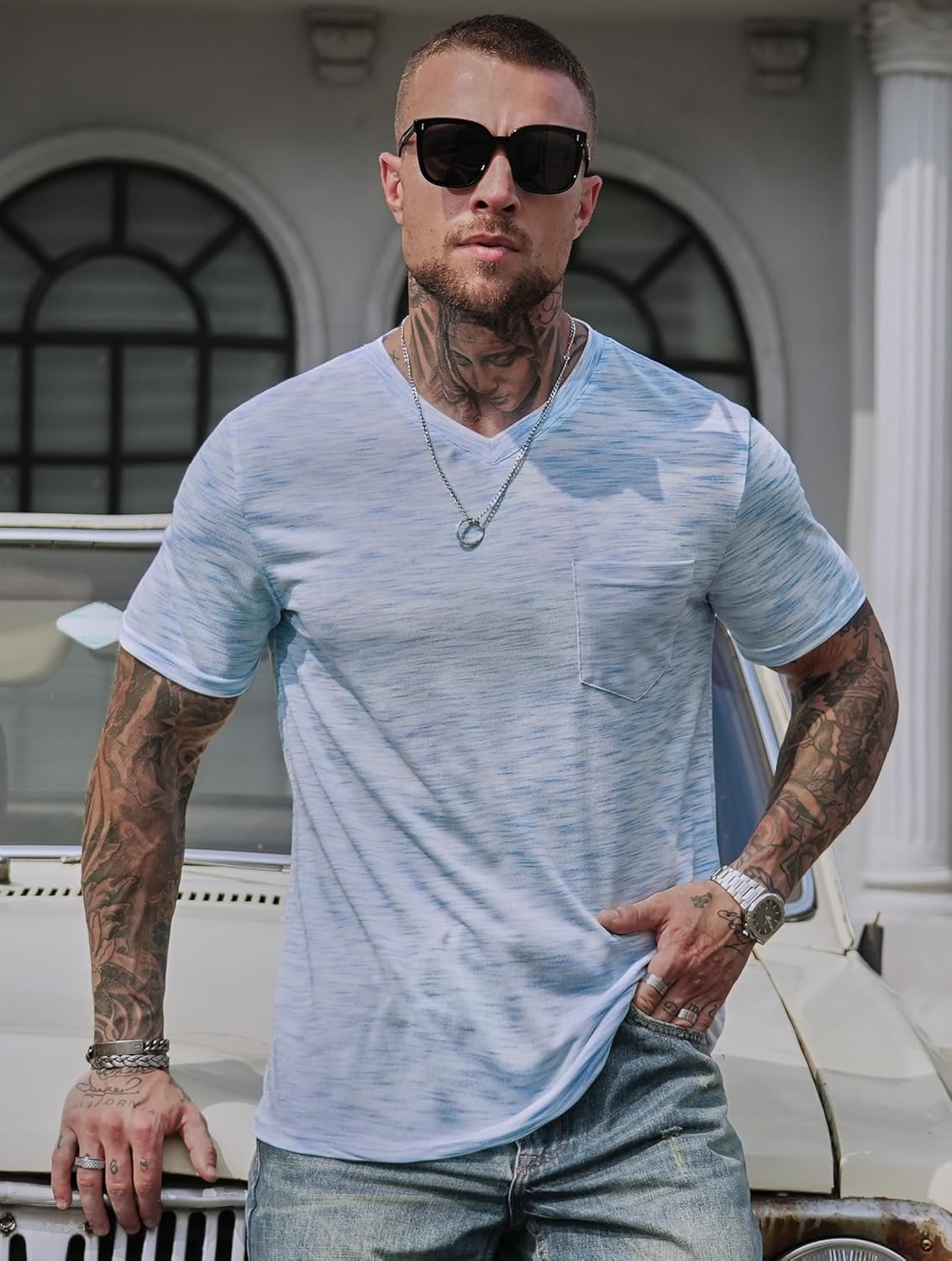 Men's V Neck T Shirts Casual Stylish Fitted Stretch Tee Shirt with Pocket (S-3XL)