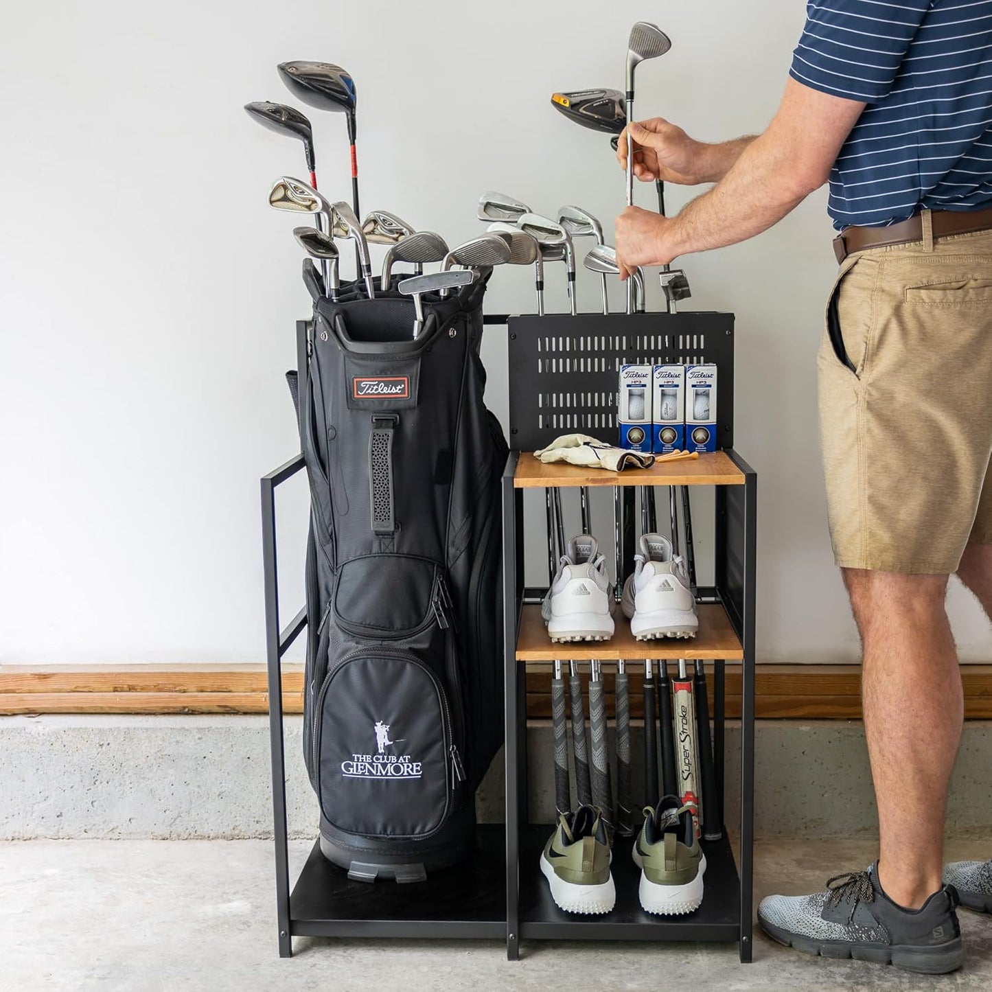 Teal Triangle Golf Storage Organizer, Heavy Duty Garage Freestanding Storage, Holds Golf Clubs, Bags, Golf Accessories, Golf Gifts for Men
