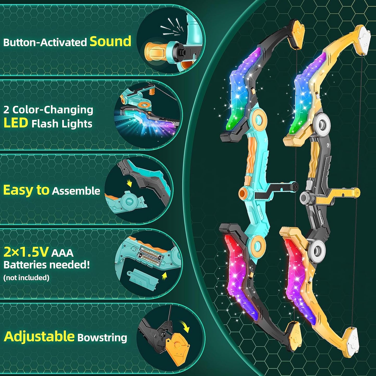 2 Pack Upgraded Kids Bow and Arrow Sets with Sound Effects&Color-Changing LED Flash Lights, Achery set for 4 5 6 7 8 9 10 11 12 Year Old, Indoor Outdoor Toys for Ages 5-7 8-13 Boys Girls(Green&gold)