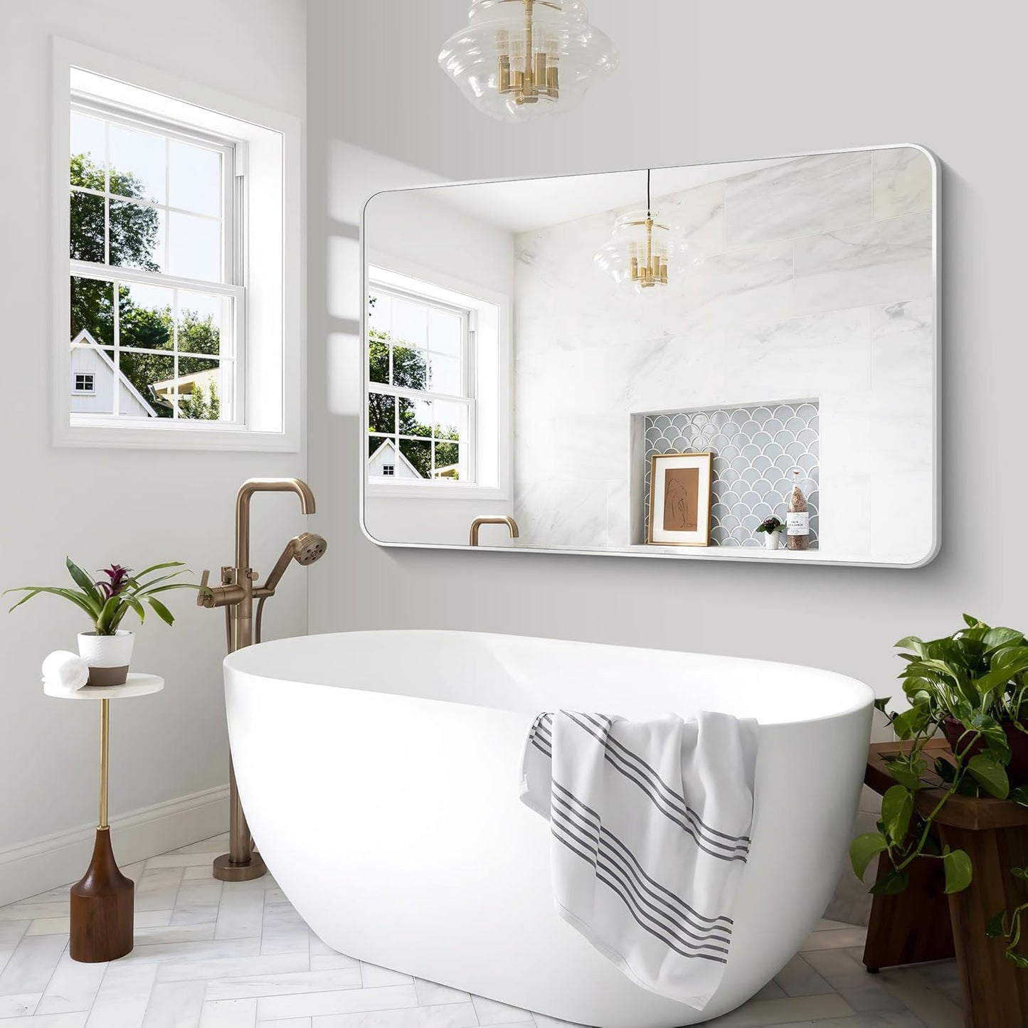 Silver Bathroom Mirror,60x40 inch Wall Mirror for Bathroom Wall Mounted,Rectangle Mirror for Bathroom Over Sink,Modern Frame Round Corner for Living Room,Bedroom Entryway,Horizontal/Vertical