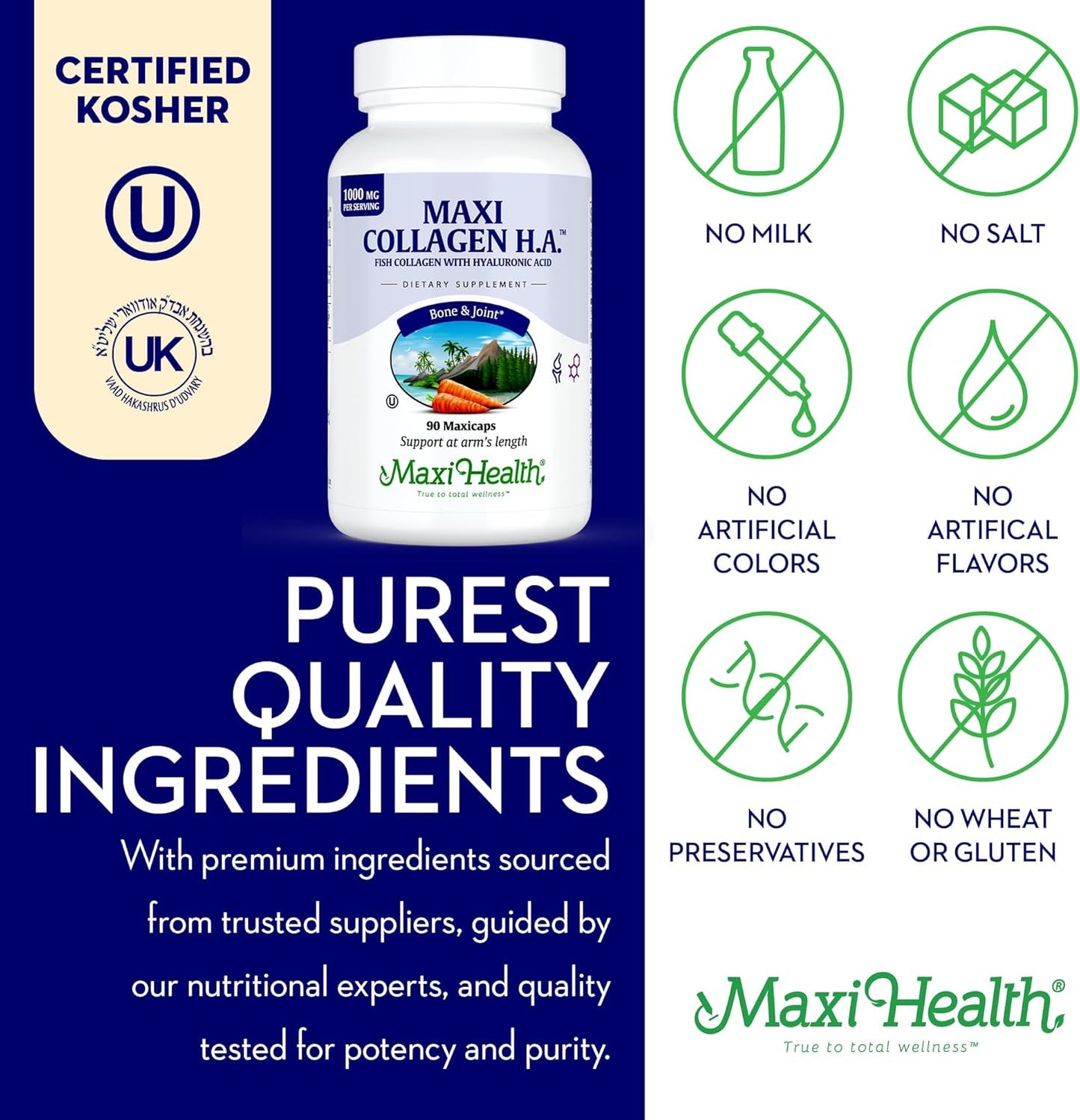 Maxi Health Marine Collagen Pills – 1000 mg Type 1 Collagen for Women & Men with Hyaluronic Acid Supplement for Joint & Skin Support – Unflavored, Clean Kosher Capsules (90 Maxicaps)