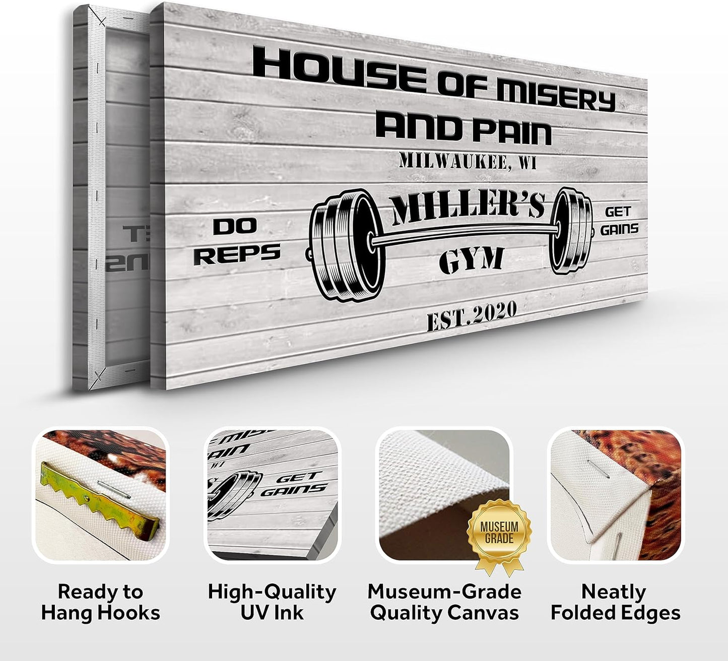 Tailored Canvases Personalized Gym Sign Wall Art Decor - Motivational Canvas for Home Gym, Workout Room, Garage, Fitness Center - Workout Inspirational Posters - House of Misery and Pain, White Wood 48x24in