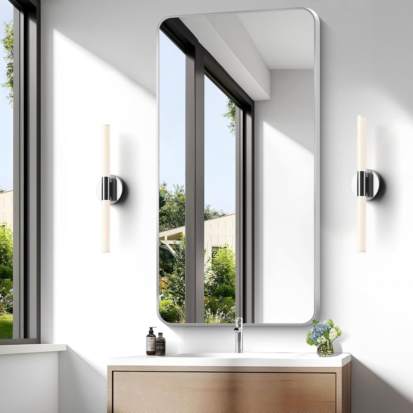 Silver Bathroom Mirror,24x48 inch Wall Mirror for Bathroom Wall Mounted,Rectangle Mirror for Bathroom Over Sink,Modern Frame Round Corner for Living Room,Bedroom Entryway,Horizontal/Vertical