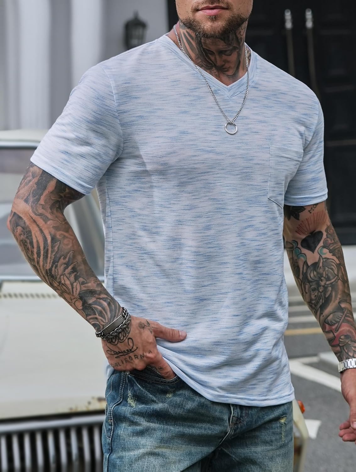 Men's V Neck T Shirts Casual Stylish Fitted Stretch Tee Shirt with Pocket (S-3XL)