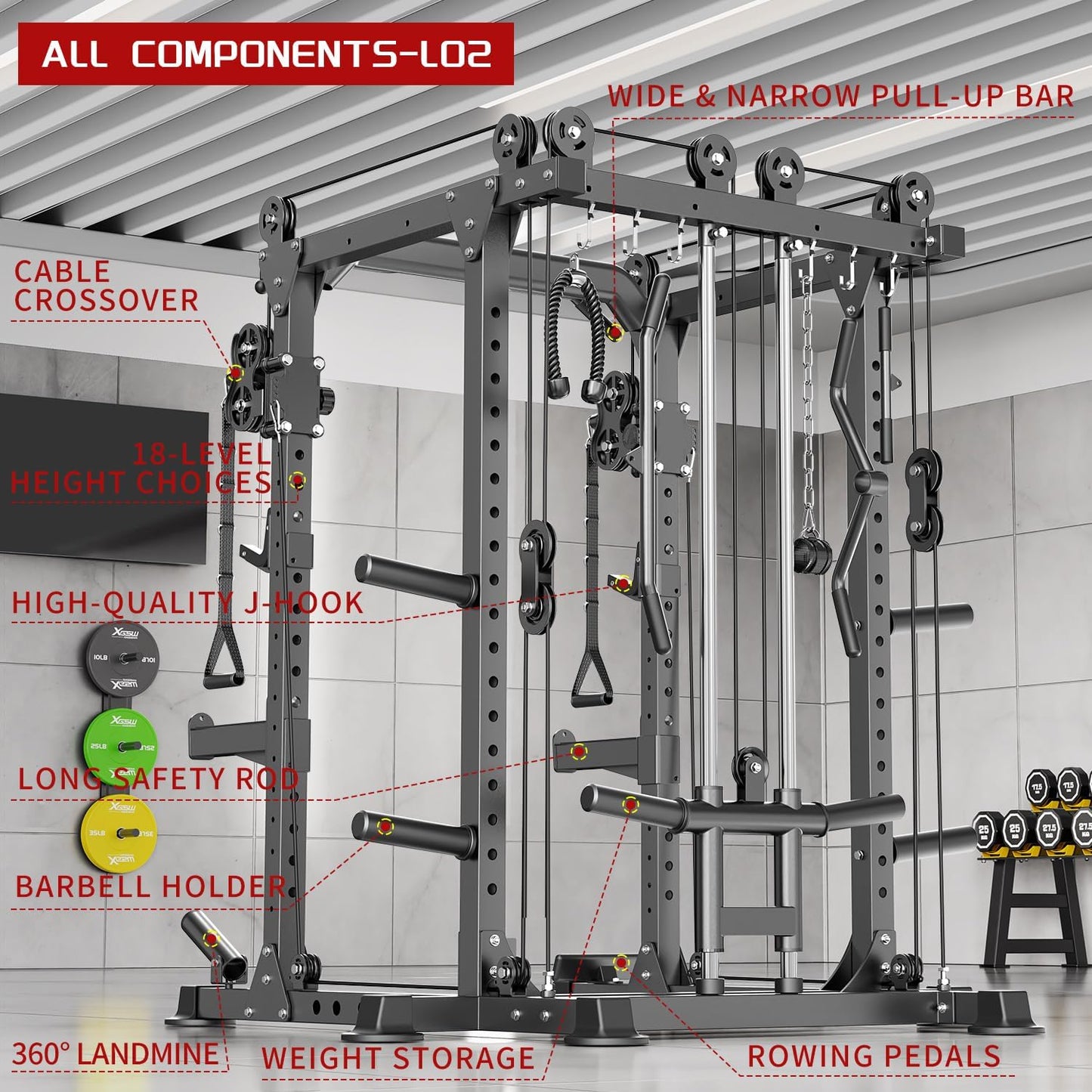 Power Cages Multi-Purpose Squat Rack with Cable Crossover System, Matching Weight Bench, Olympic Barbell Weight Set for Garage and Home Gyms