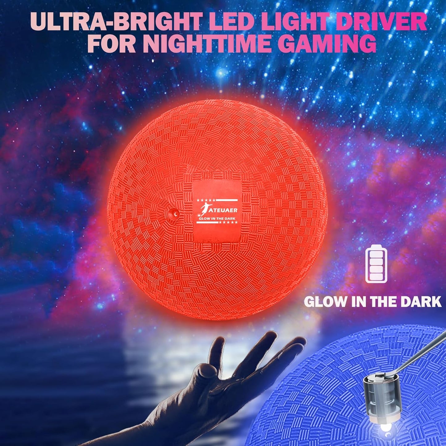 8.5 Inch Light up Kickball Set, Dodgeballs 2 Pack, Playground Balls Gift for Kids, Glow Bouncy Balls Includes Pump and Storage Bag, Handball for Night, Glow in The Dark Party Supplies