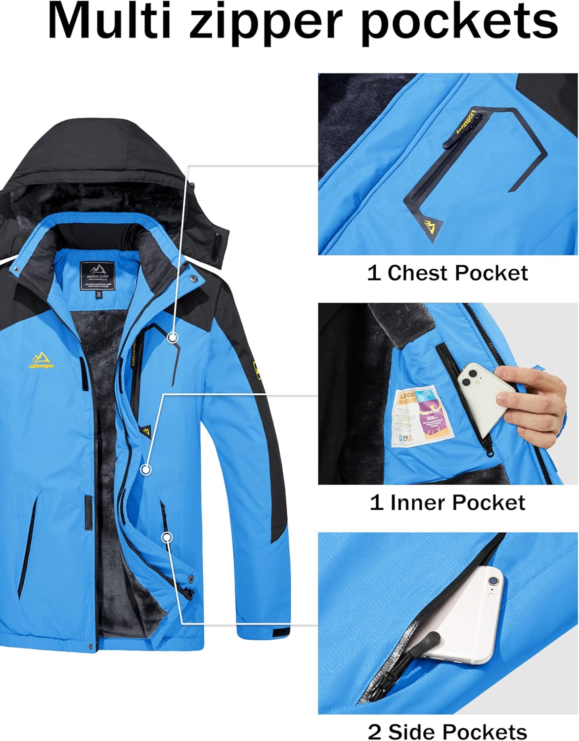 MAGCOMSEN Men's Winter Coats Water Resistant Ski Snow Jacket Warm Fleece Jacket Parka Raincoats With Multi-Pockets