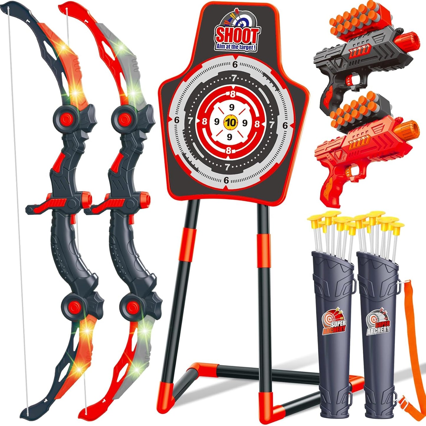GMAOPHY Bow and Arrow for 5 6 7 8 9 10 11+ Year Old Boys, Birthday Gift for Kids, Indoor Outdoor Activity Toys, 2 Pack LED Light Up Archery Toy with 20 Suction Cup Arrows, Standing Target, 2 Quiver