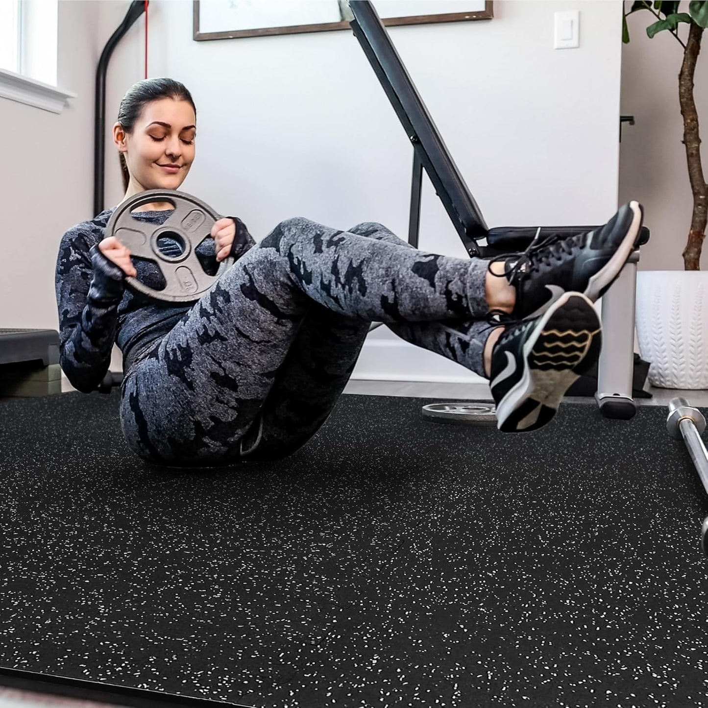 SUPERJARE 0.4'' Thick 6 Pcs 24 Sq Ft Rubber Top Exercise Equipment Mats, High Density EVA Foam Mats with Rubber Top, Interlocking Gym Flooring for Home Gym, Protective Workout Mat, Black/Grey