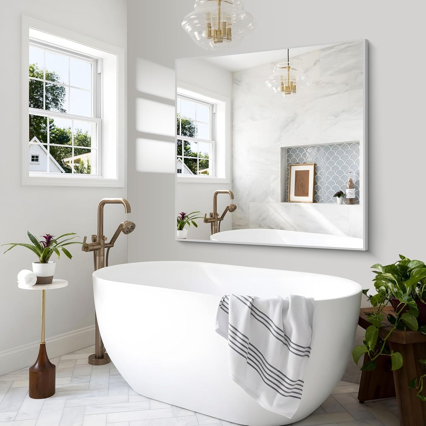 Silver Bathroom Mirror,48x48 inch Wall Mirror for Bathroom Wall Mounted,Large Rectangle Mirror for Bathroom Over Sink,Modern Metal Frame for Living Room,Bedroom Entryway,Horizontal/Vertical