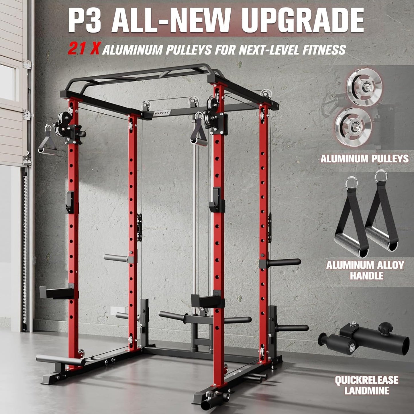 RitFit Power Cage with Optional LAT PullDown/Cable Crossover, 1000LB Squat Rack for Home & Garage Gym, with Weight Storage Rack and More Training Attachments, ASTM-Certified