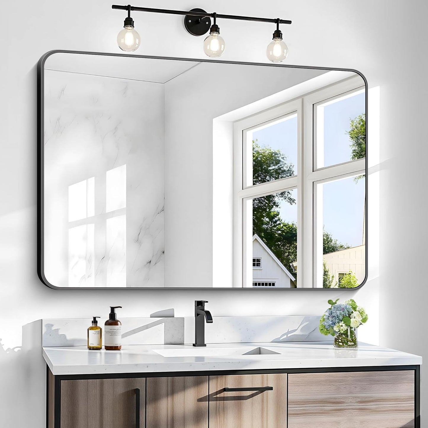 36x48 inch Bathroom Mirror,Black Rectangle Mirror,Wall Mounted Bathroom Frame Vanity Mirror with Round Corner for Bedroom Living Room, Entryway Hangs Horizontal or Vertical