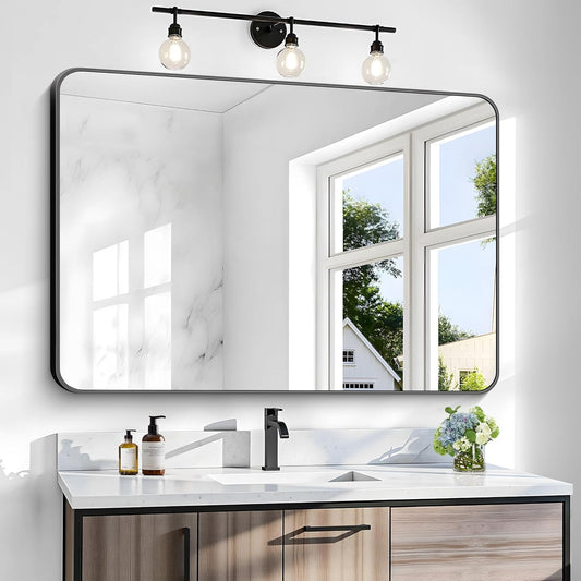 36x48 inch Bathroom Mirror,Black Rectangle Mirror,Wall Mounted Bathroom Frame Vanity Mirror with Round Corner for Bedroom Living Room, Entryway Hangs Horizontal or Vertical