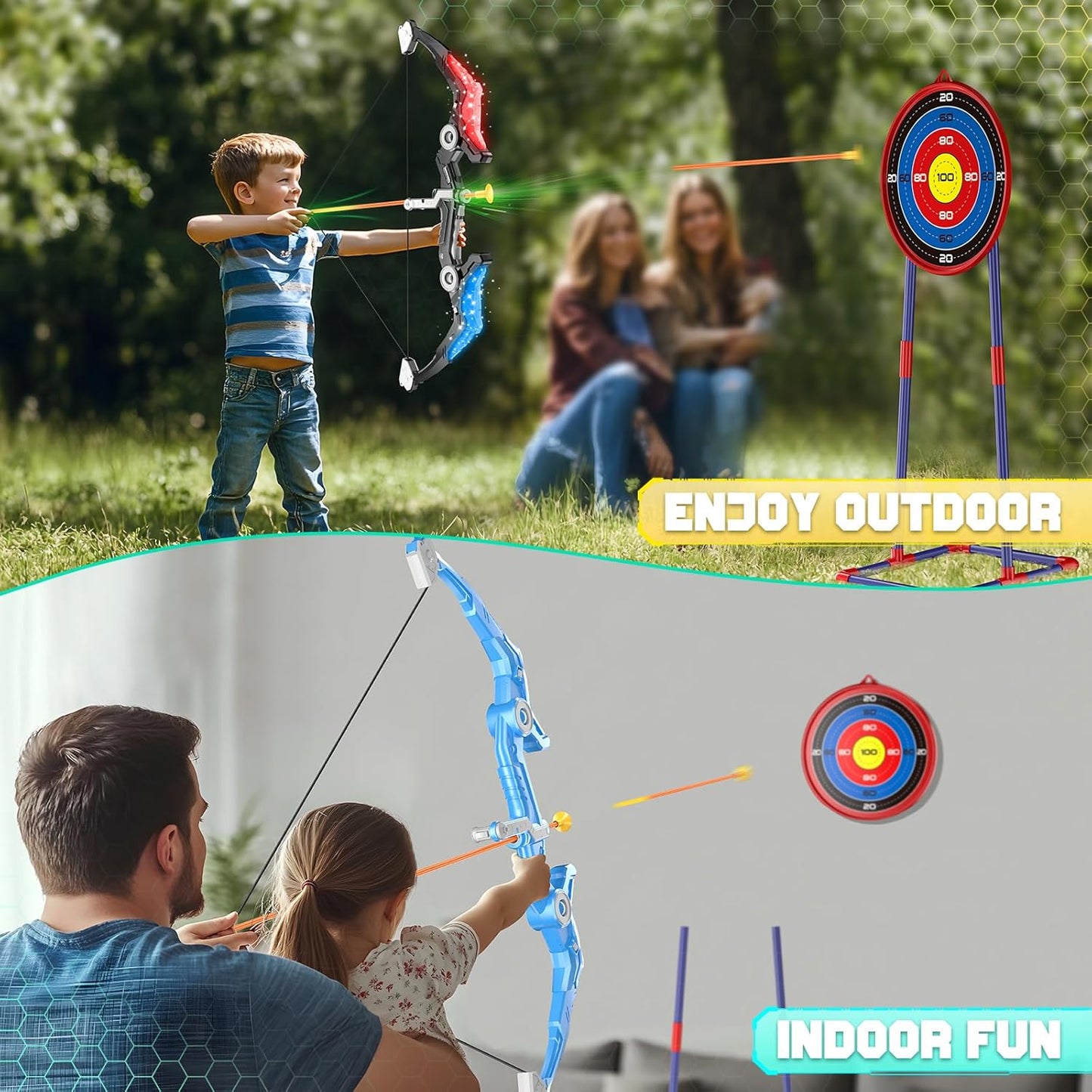 2 Pack Upgraded Kids Bow and Arrow Sets with Sound Effects&Color-Changing LED Flash Lights, Achery set for 4 5 6 7 8 9 10 11 12 Year Old, Indoor Outdoor Toys for Ages 5-7 8-13 Boys Girls(Blue&black)