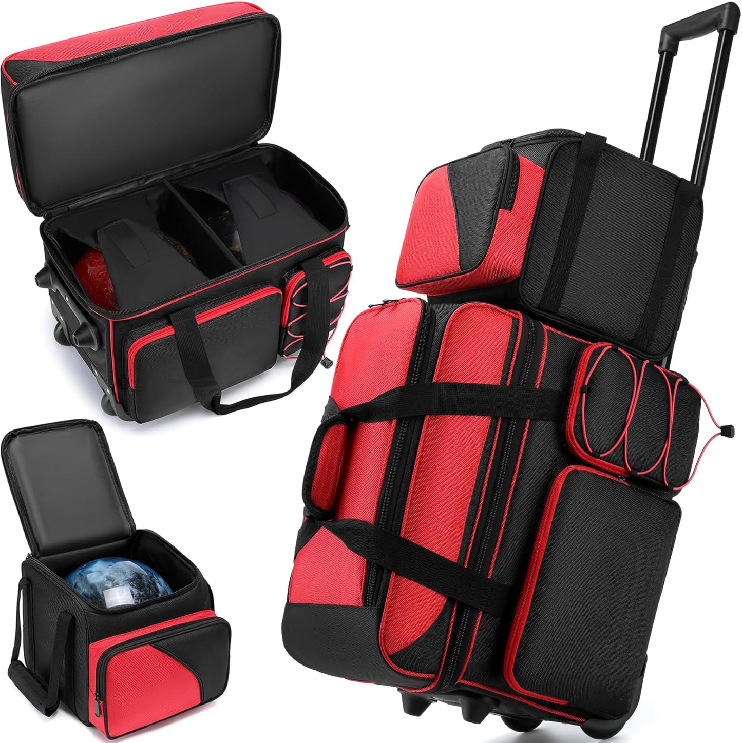 3 Ball Bowling Bag with Wheels, Bowling Bag 3 Ball Roller with Separate Shoe Compartment and Accessory Pocket, 2 Ball Roller Bag Plus Single Ball Tote