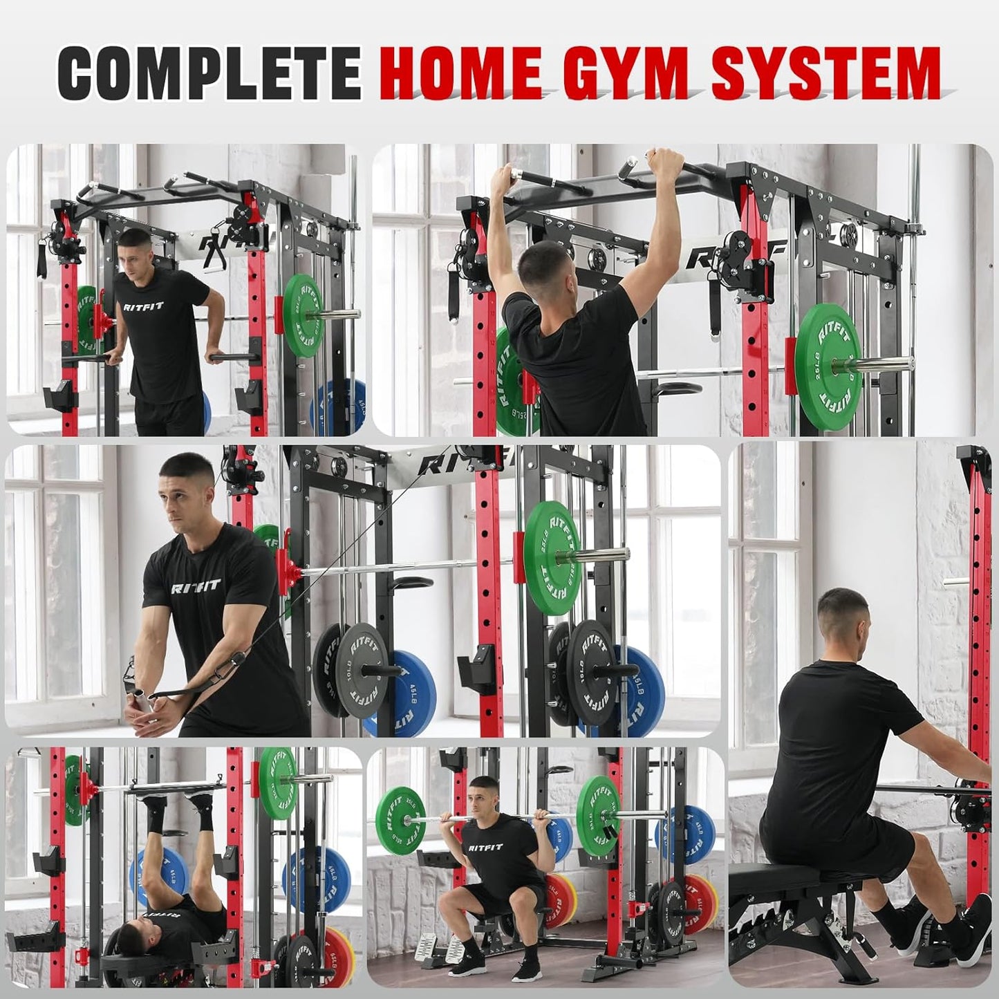 RitFit Buffalo Smith Machine, Power cage with LAT-Pull Down System & Cable Crossover System, All-in-One Squat Rack for Home Gym, Power Rack