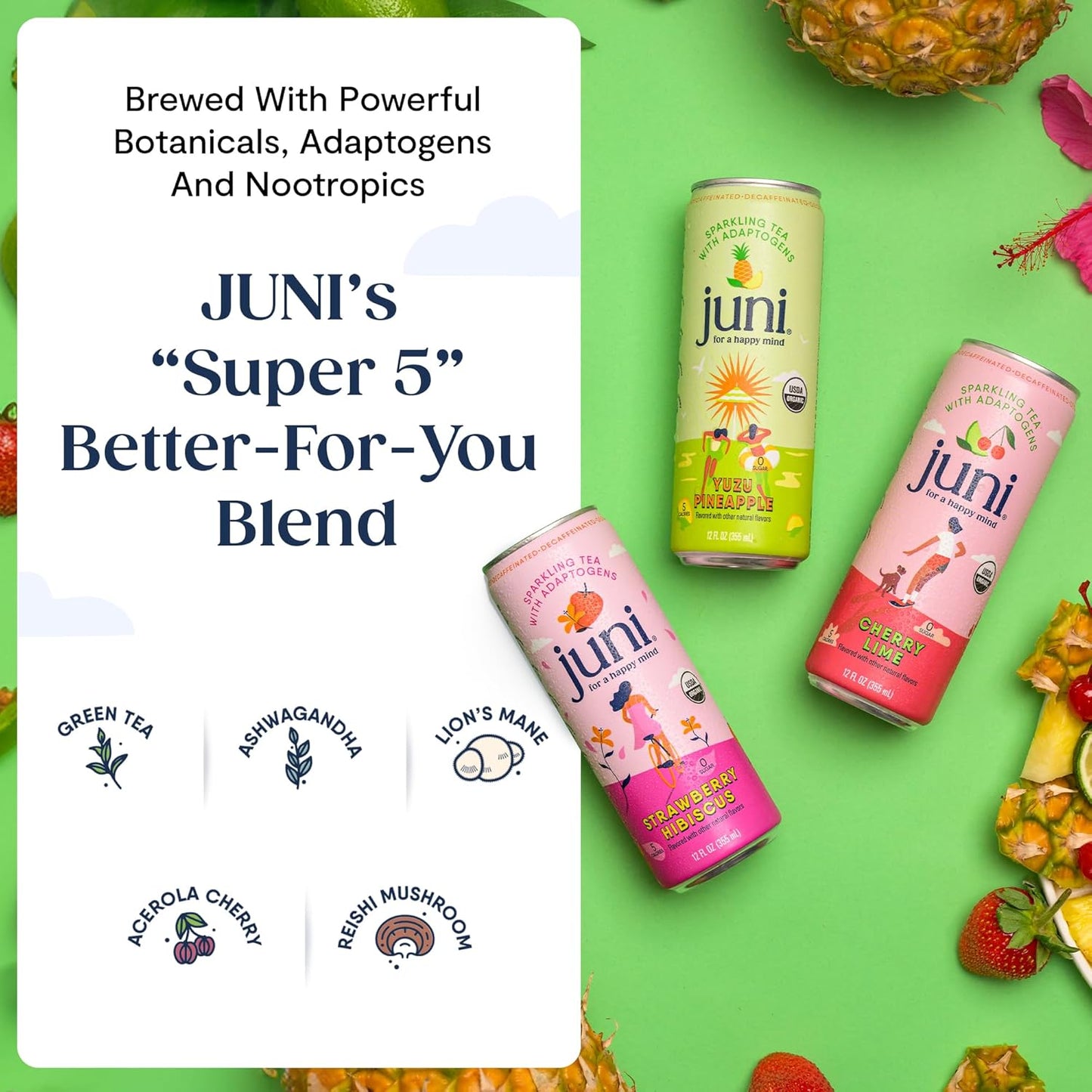 Juni Sparkling Adaptogen Drink with Ashwagandha, Lion’s Mane & Reishi Mushrooms | Green Tea for Focus, Zero Sugar, 5 Calories | Decaffeinated, Non Alcoholic Drinks - Yuzu Pineapple 12 pack