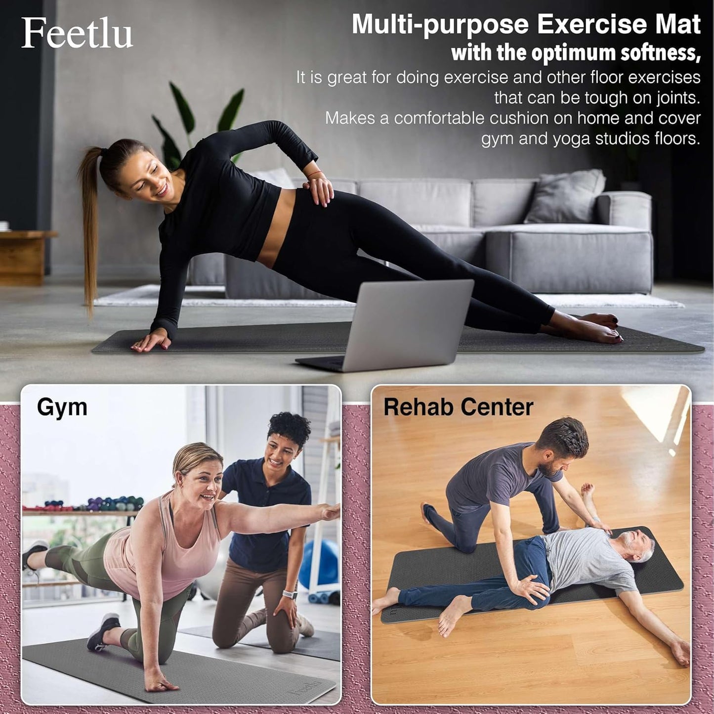 Extra Thick Exercise Yoga Mat with Strap - 2/5 Inch (10MM), Non-Slip Workout Mat for Yoga, Pilates, and Floor Exercises