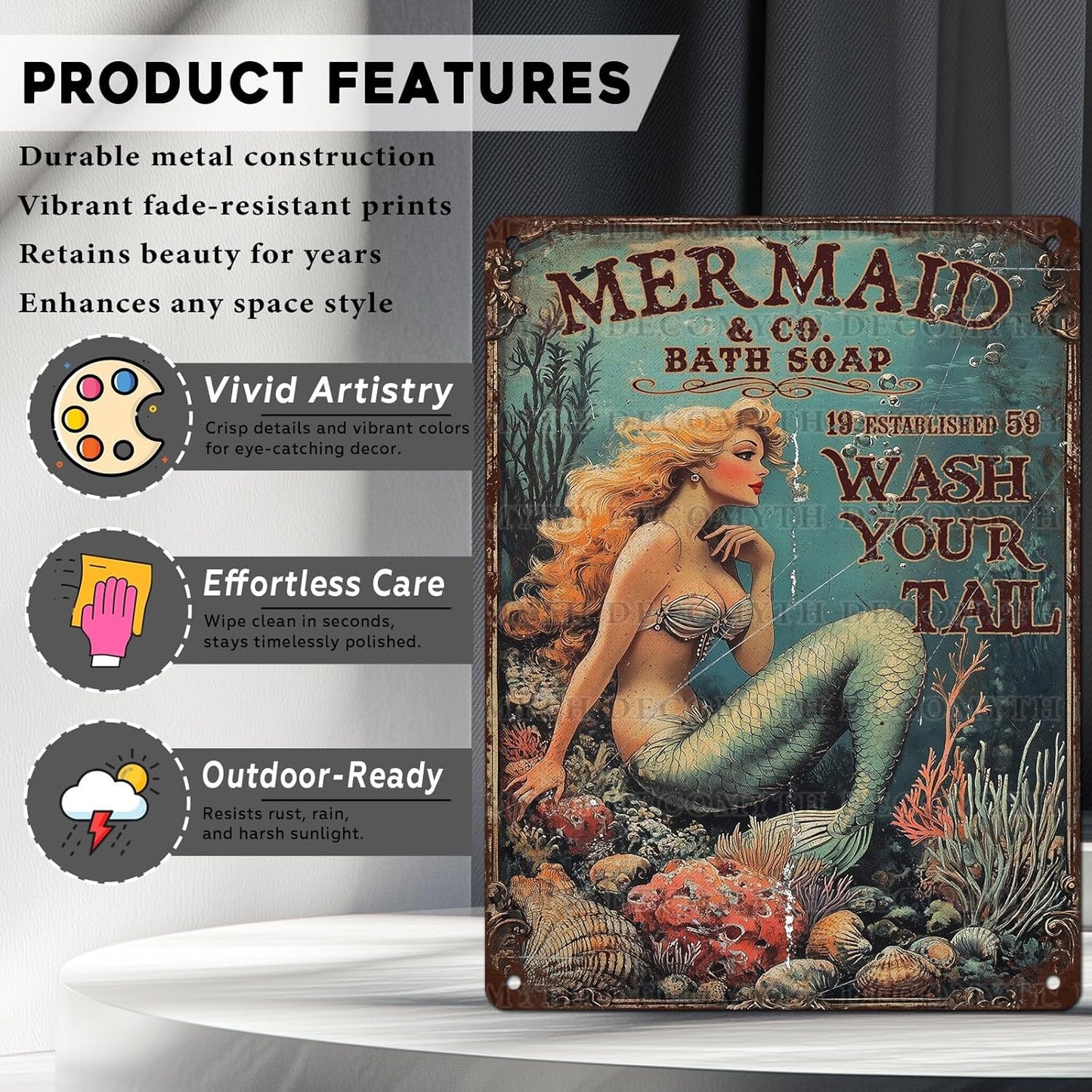 Retro Mermaid Tin Sign Wash Your Tail Vintage Metal Poster Funny Bath Soap Wall Art Toilet Bathroom Man Cave Bar Cafe Indoor Living Room Garage 12 * 16inch