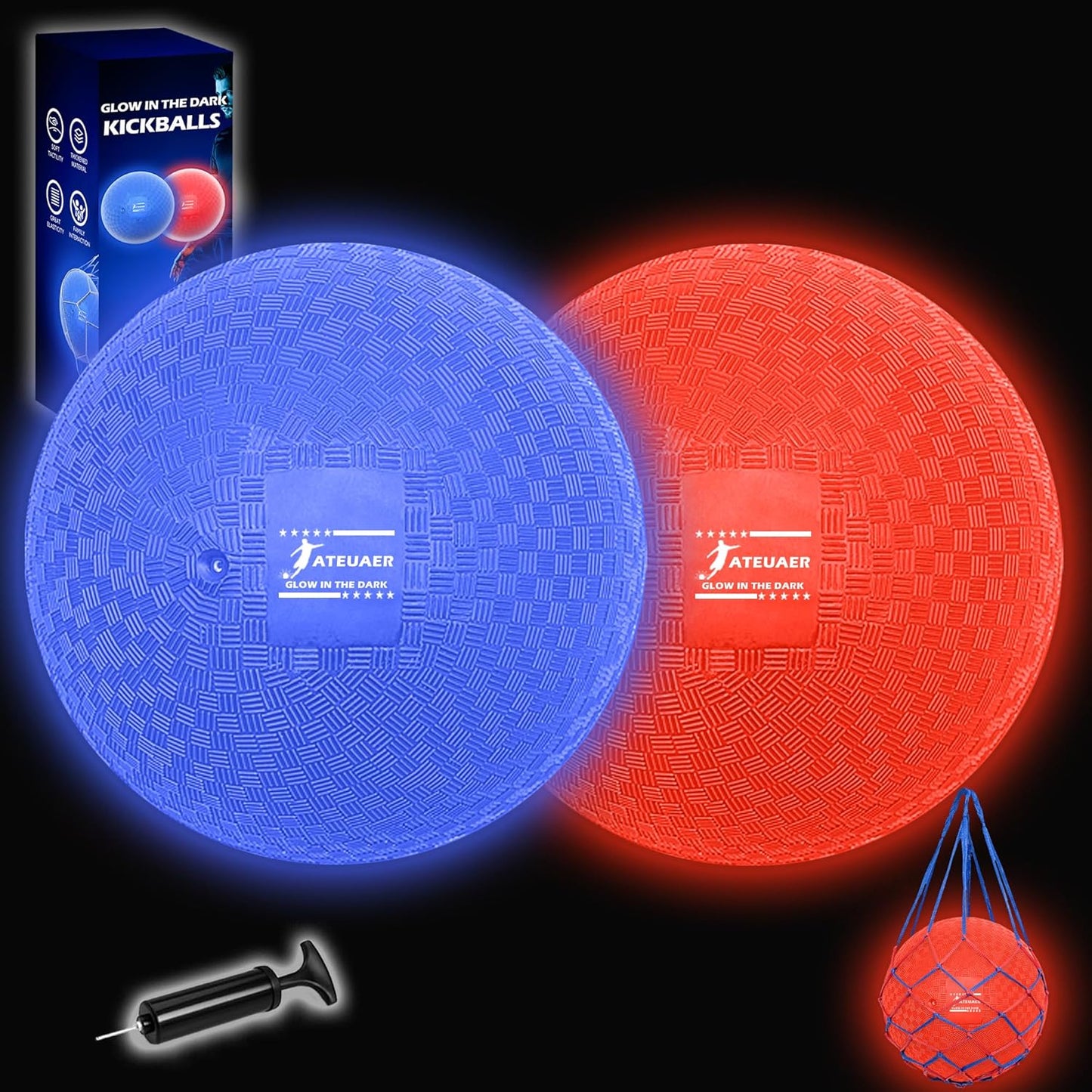 8.5 Inch Light up Kickball Set, Dodgeballs 2 Pack, Playground Balls Gift for Kids, Glow Bouncy Balls Includes Pump and Storage Bag, Handball for Night, Glow in The Dark Party Supplies