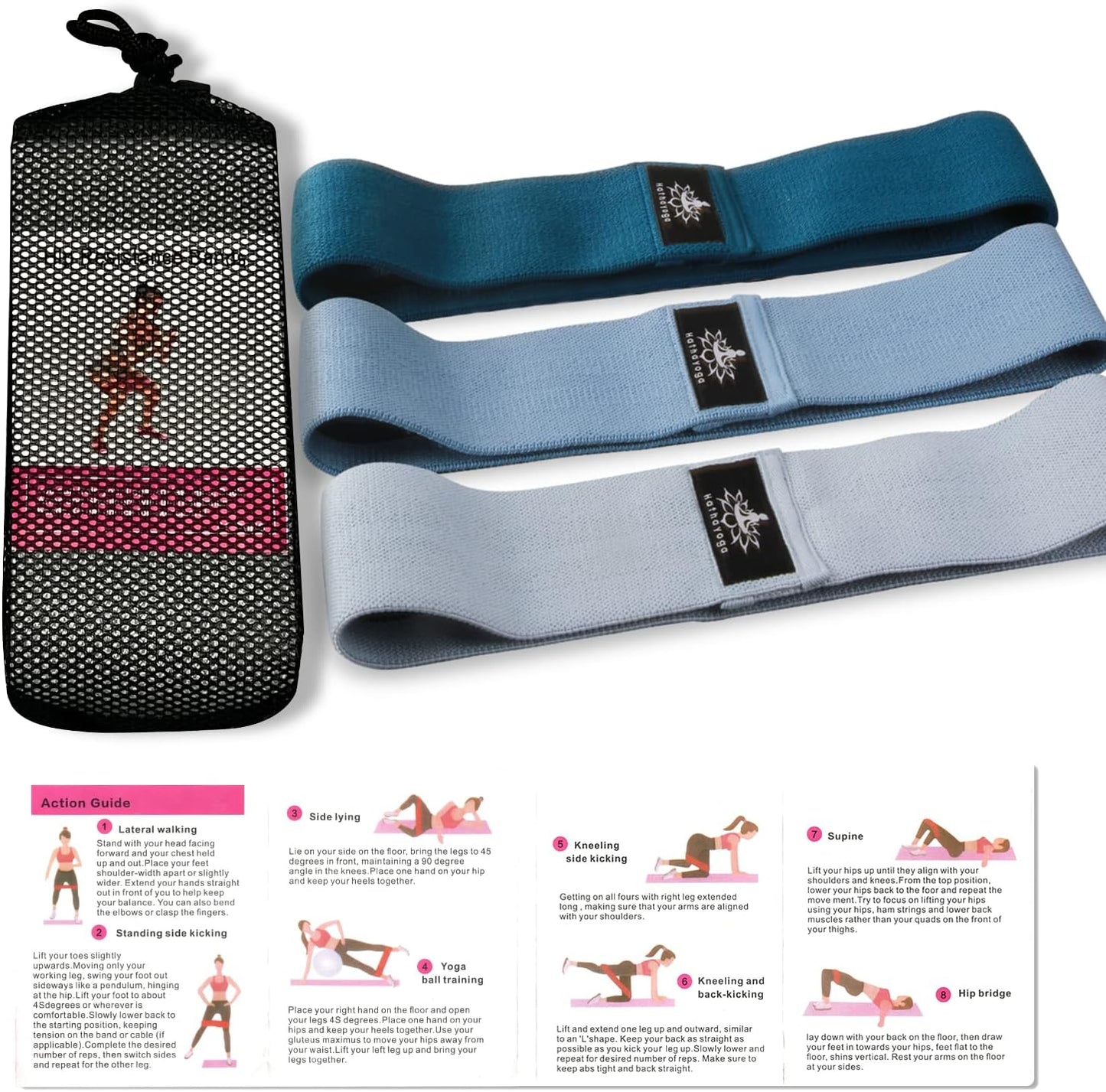 Hatha Yoga Large Resistance Band,14.5" x3.15",Fabric Exercise Loop Bands with Instruction Guide and Carry Bag, Set of 3.