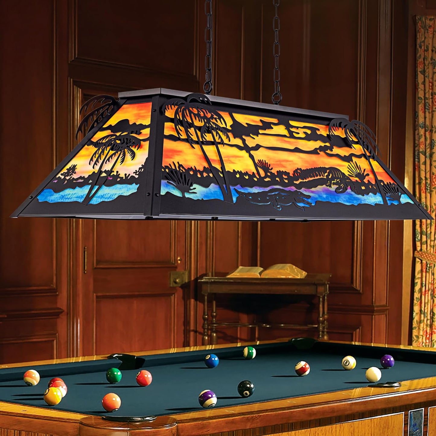 TOCHIC 48” Vintage Pool Table Light, 6-Light Farmhouse Dining Room Chandelier, Billiards Light Fixture with Tiffany-Style for Game Room Kitchen Island Chandelier Man Cave Club Bar