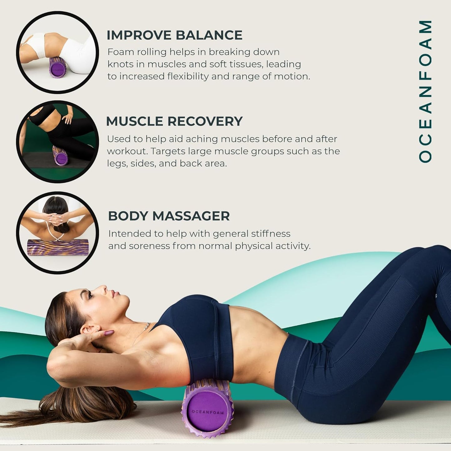 Oceanfoam Tidal Roller - Purple, Gold & Natural Marbled - Muscle Massage Foam Roller for Back Pain & Stretching - Firm & Ergonomic Wide Wave Textured - Yoga, Athletics, Wellness - Full Size, 20" x 5"