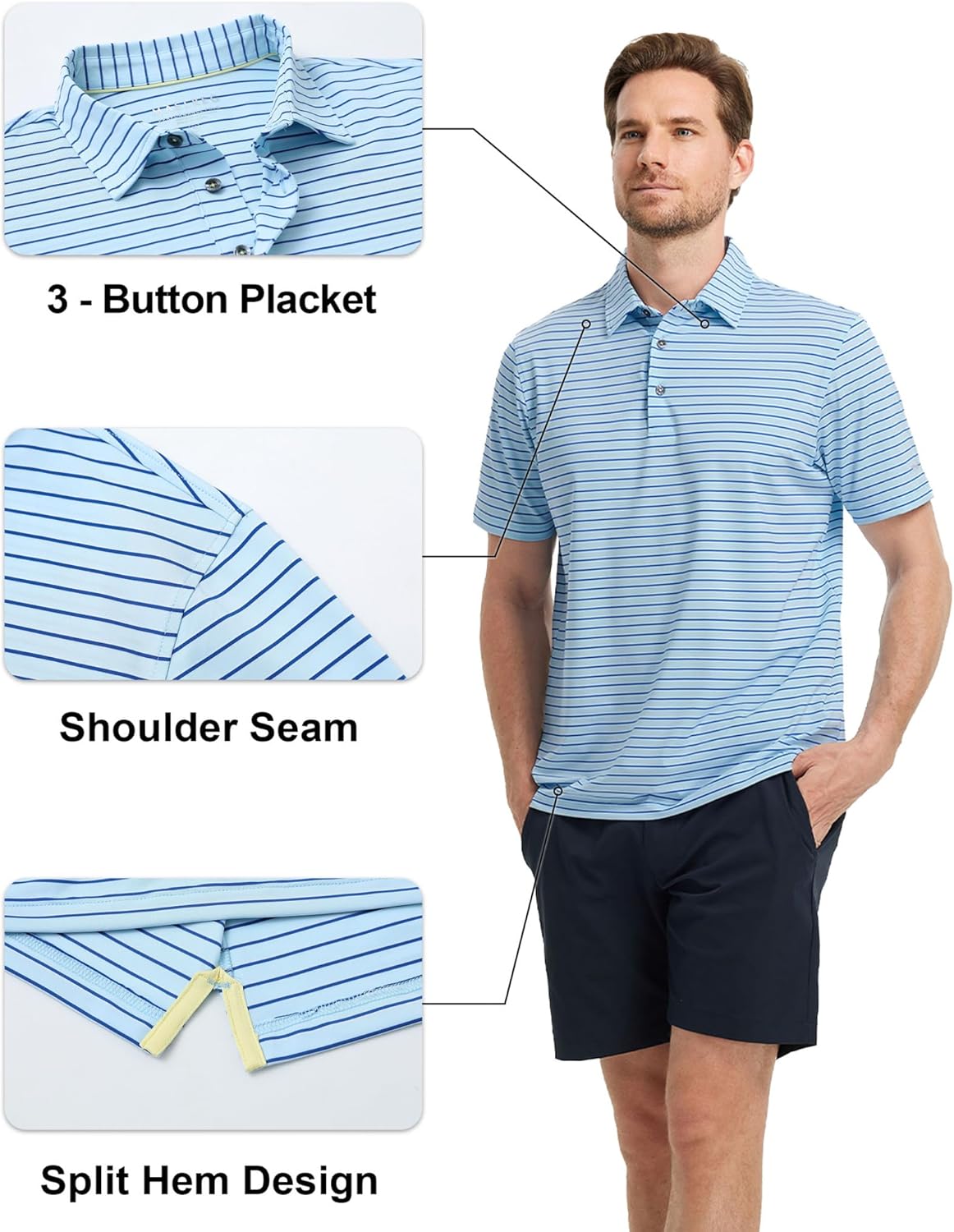 Rouen Mens Polo Shirts Short Sleeve Dry Fit Performance Moisture Wicking Causal Striped Polo Collared Golf Shirts for Men