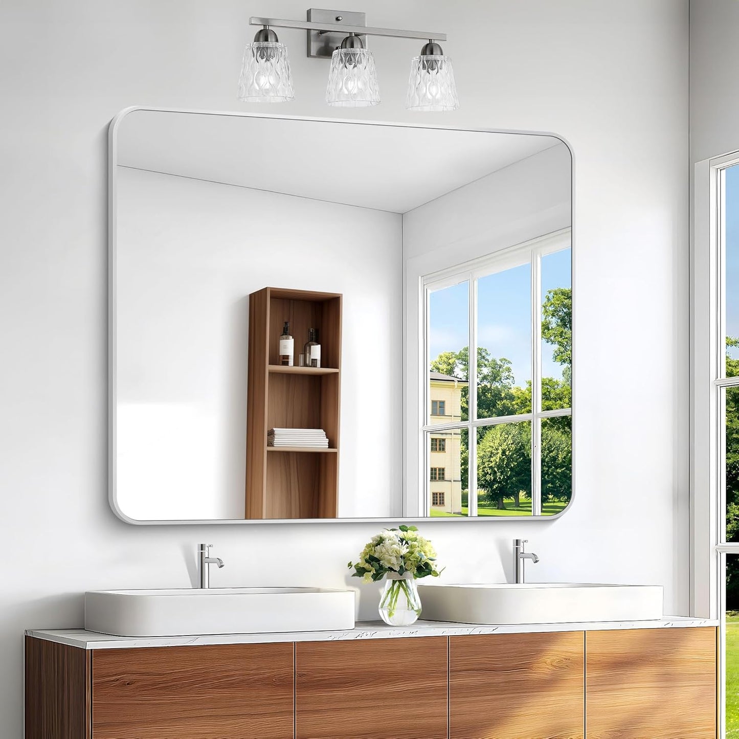 Silver Bathroom Mirror,40x48 inch Wall Mirror for Bathroom Wall Mounted,Rectangle Mirror for Bathroom Over Sink,Modern Frame Round Corner for Living Room,Bedroom Entryway,Horizontal/Vertical