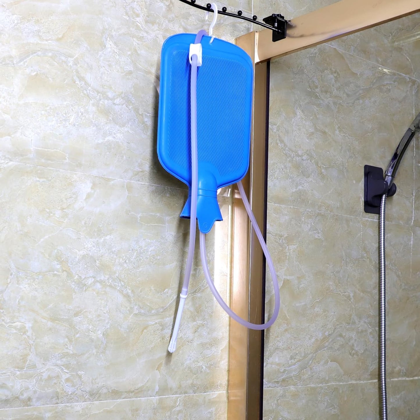 Enema Bag Kit with 5ft Hose Coffee Enemas at Home Water Shower Douche Colon Detox Cleanse Kit with Tubing, Tips, Clamp and Hook (Blue, 2 L)