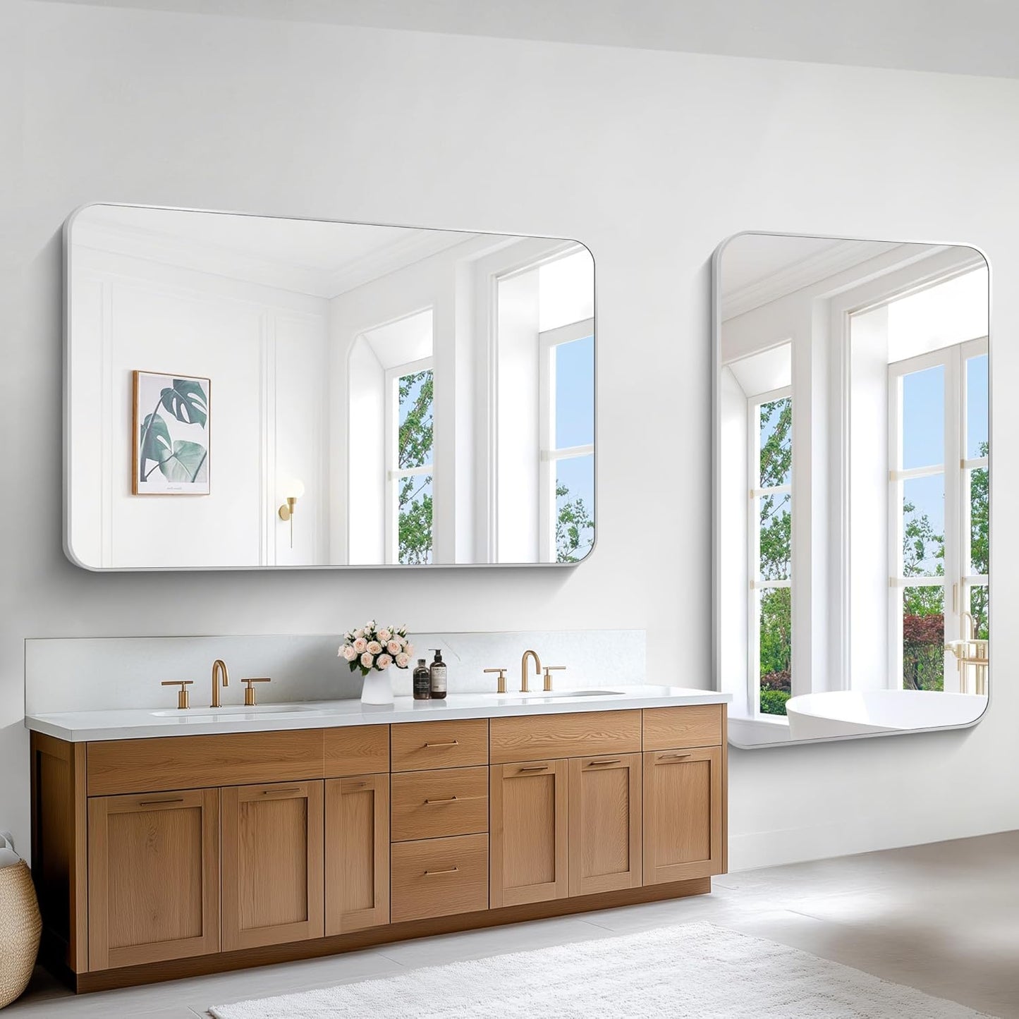Silver Bathroom Mirror,60x36 inch Wall Mirror for Bathroom Wall Mounted,Rectangle Mirror for Bathroom Over Sink,Modern Frame Round Corner for Living Room,Bedroom Entryway,Horizontal/Vertical